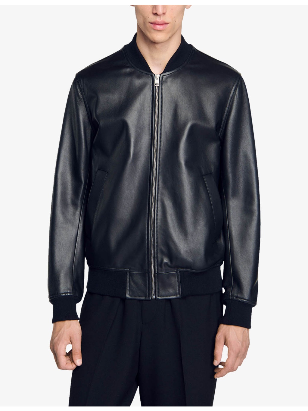 Ribbed-trim regular-fit leather jacket - 3