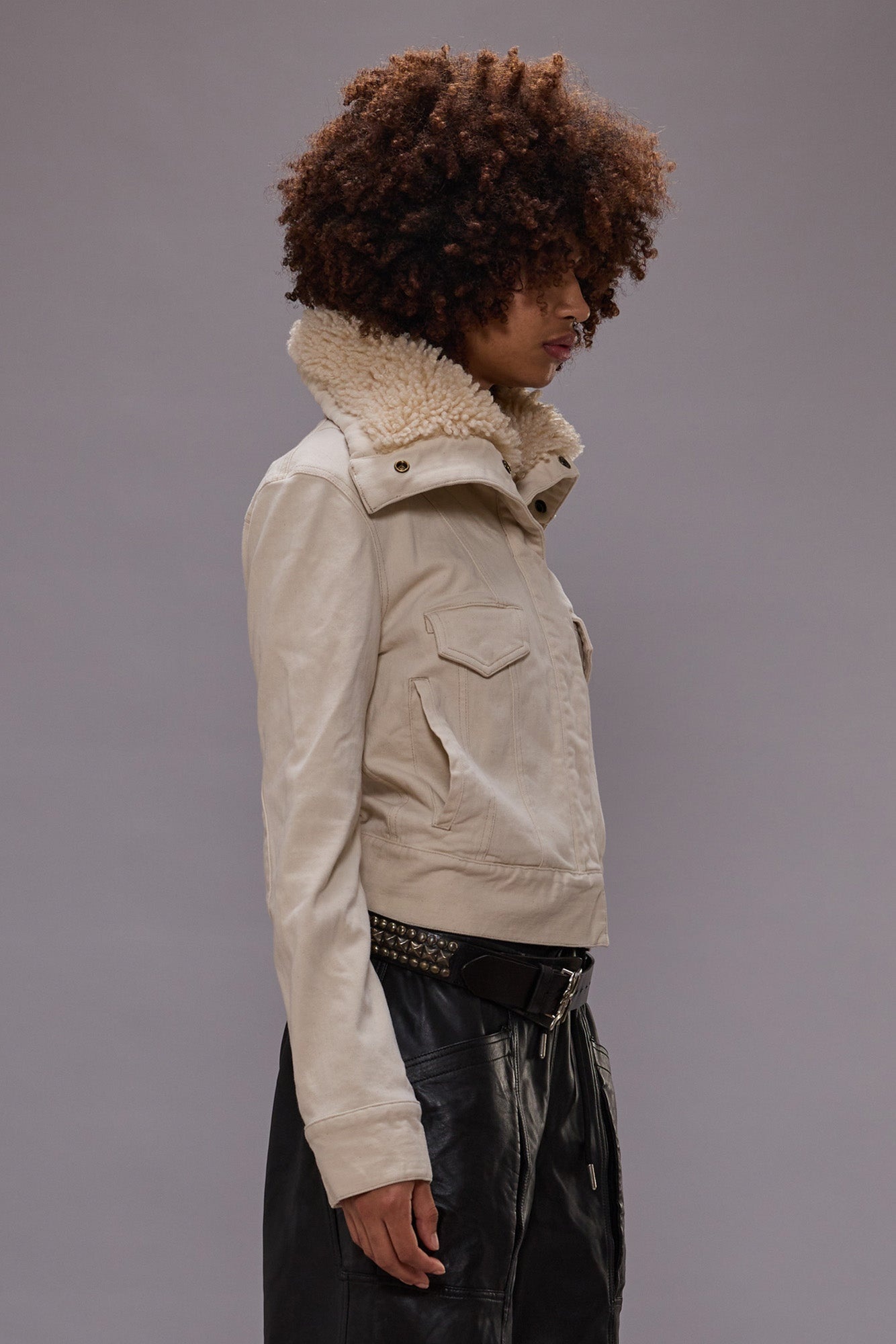 HIGH NECK TRUCKER JACKET - ECRU STRETCH - 3