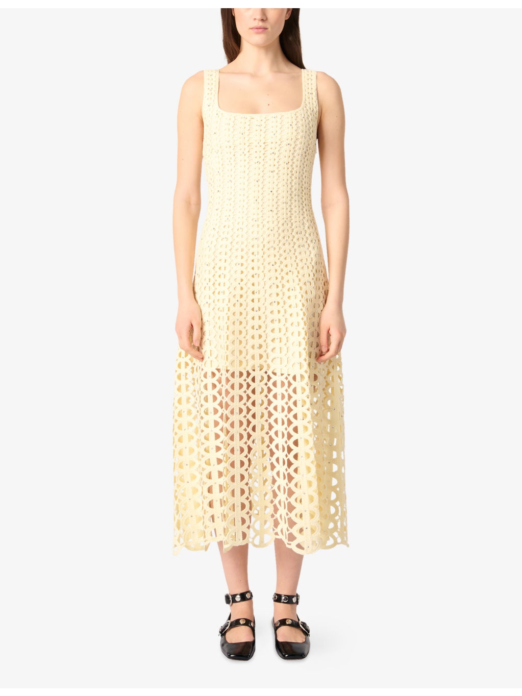 Square-Neck Crochet-Embroidered Sleeveless Knitted Midi Dress - 3