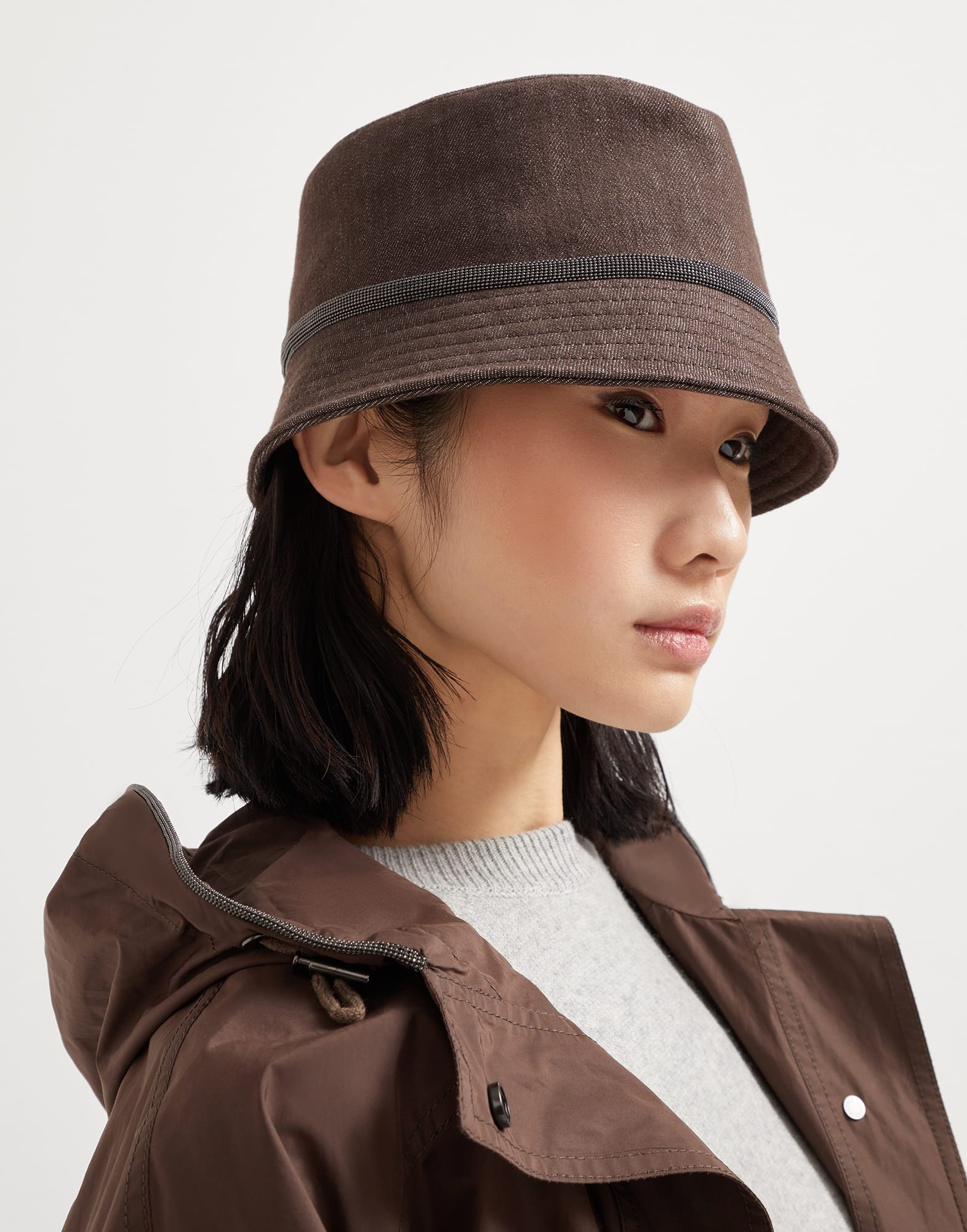 Cotton denim-effect twill bucket hat with shiny band - 3