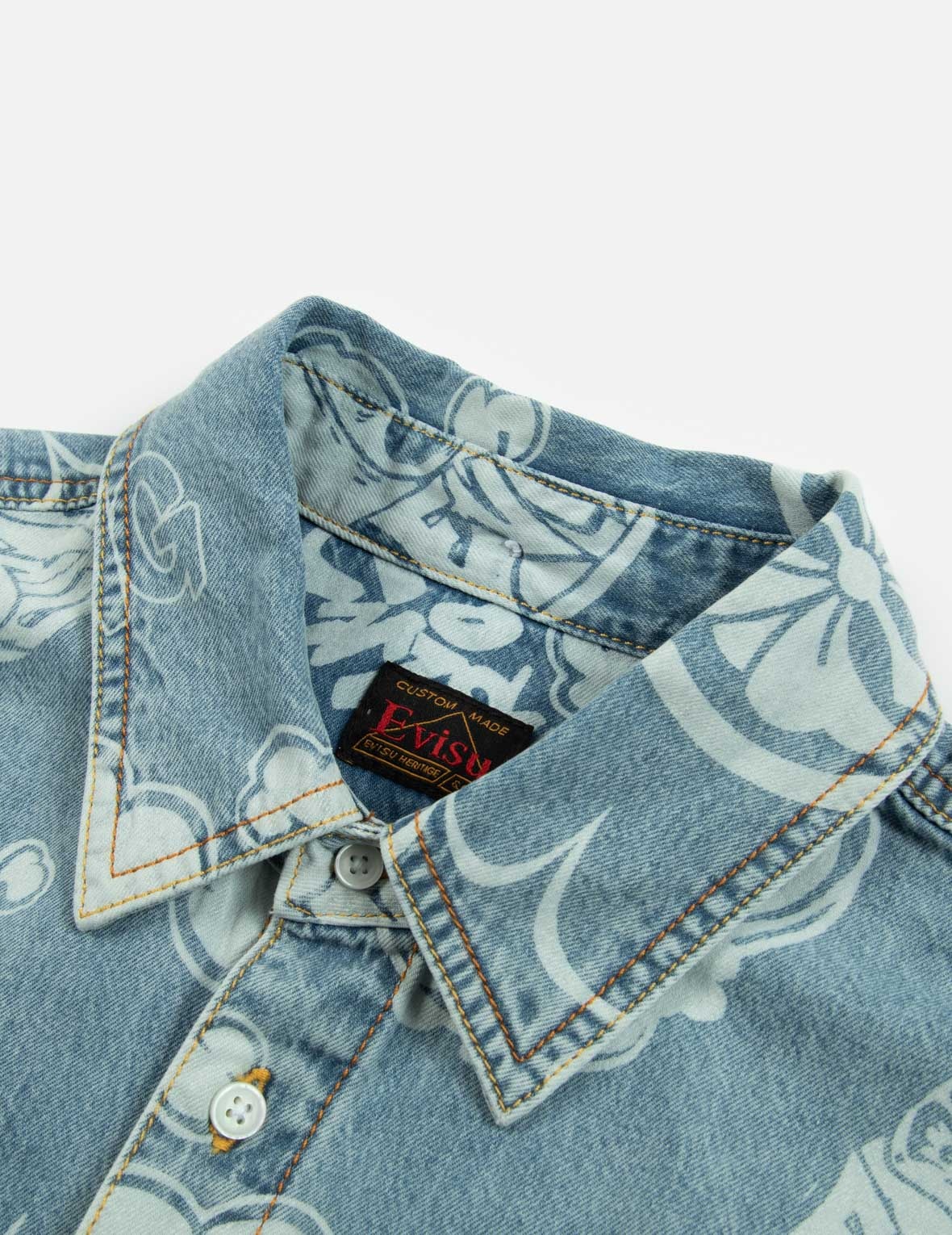ALLOVER GRAFFITI DARUMA AND LOGO DISCHARGED-PRINT DENIM SHIRT - 7