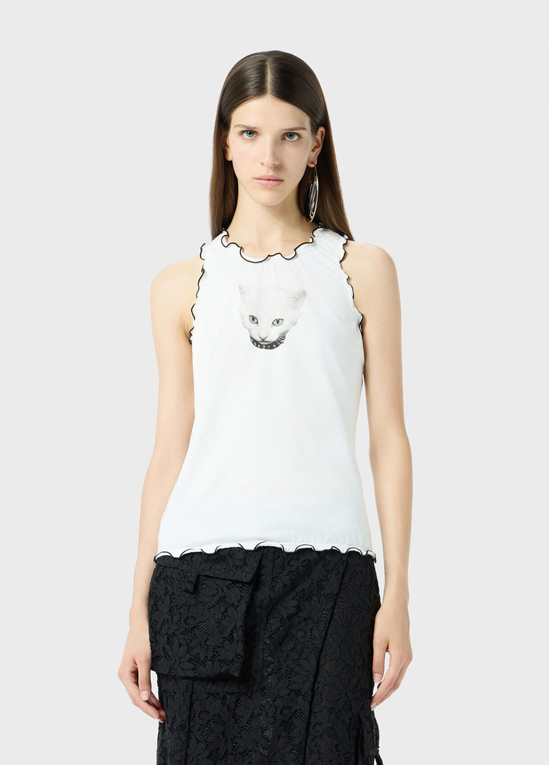 Blumarine JERSEY TOP WITH KITTEN PRINT AND RUFFLES outlook