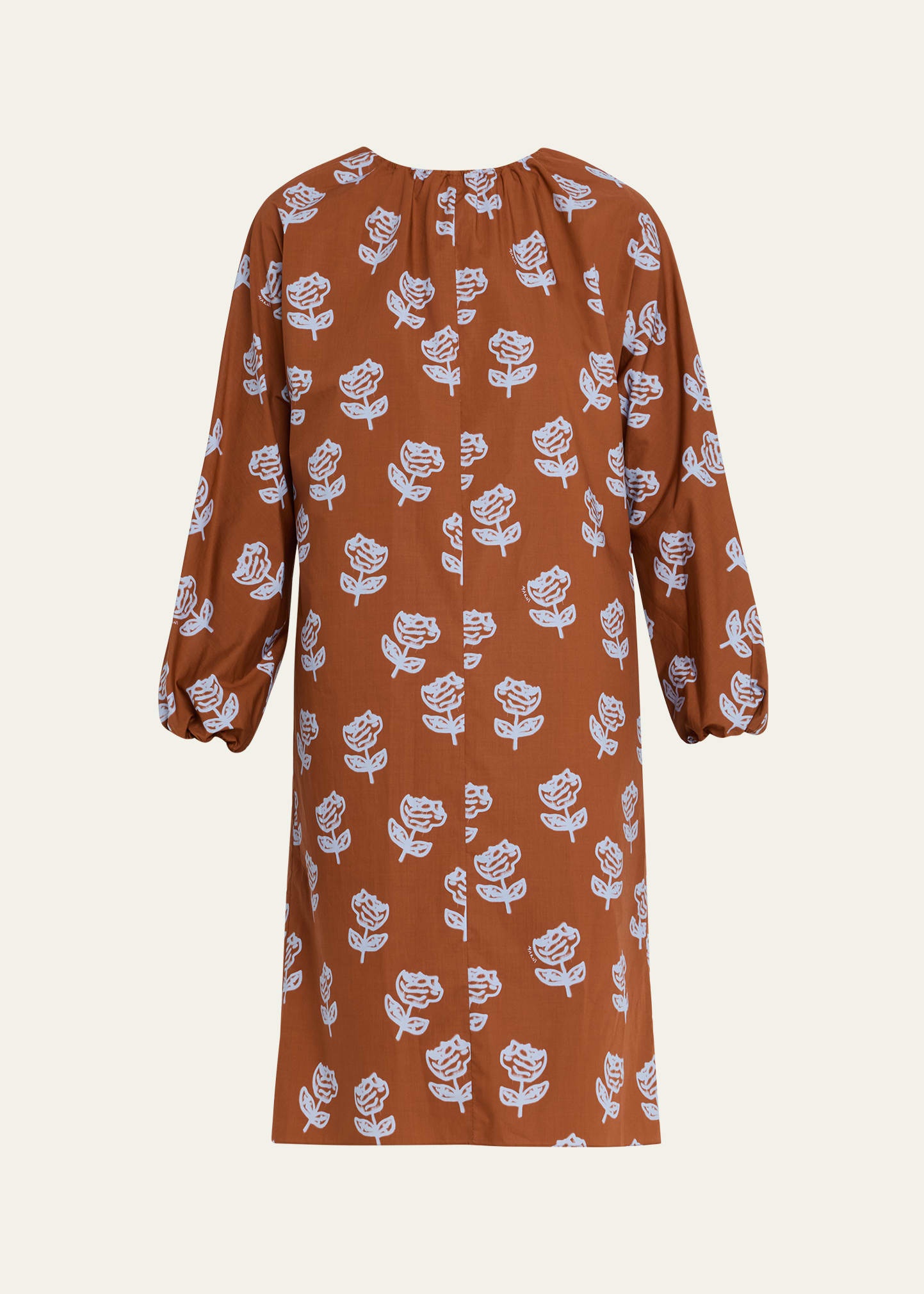 Floral Gathered-Neck Long-Sleeve Midi Dress - 1