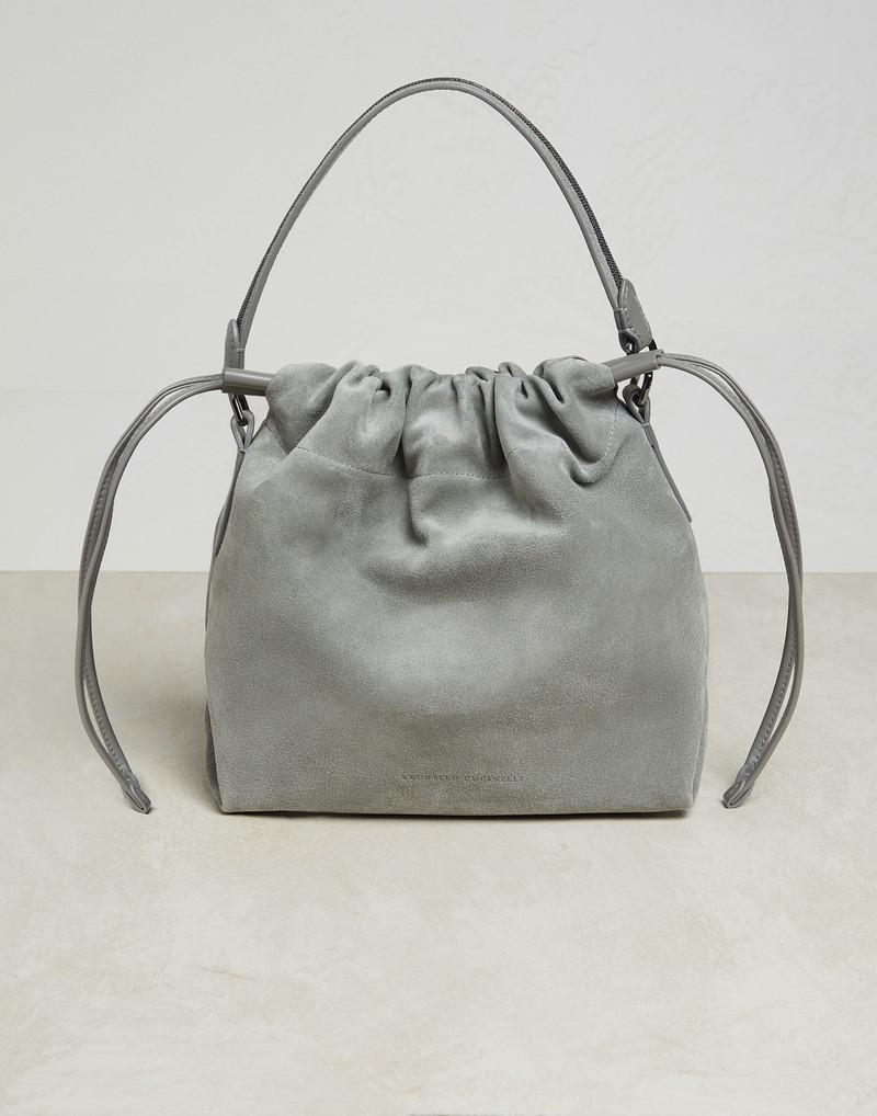 Suede bucket bag with precious handle 1