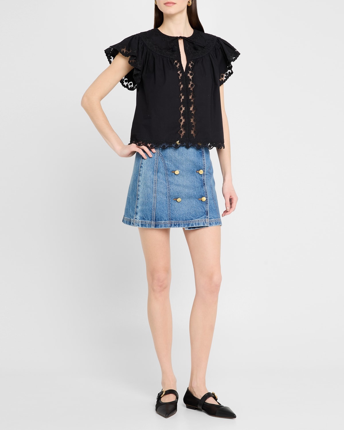Effie Embroidered Flutter-Sleeve Top - 2