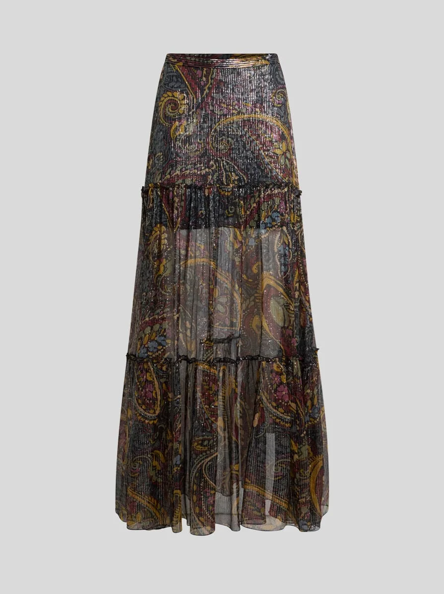 SILK MAXI SKIRT WITH STRIPED FLORAL PAISLEY MOTIF - 1