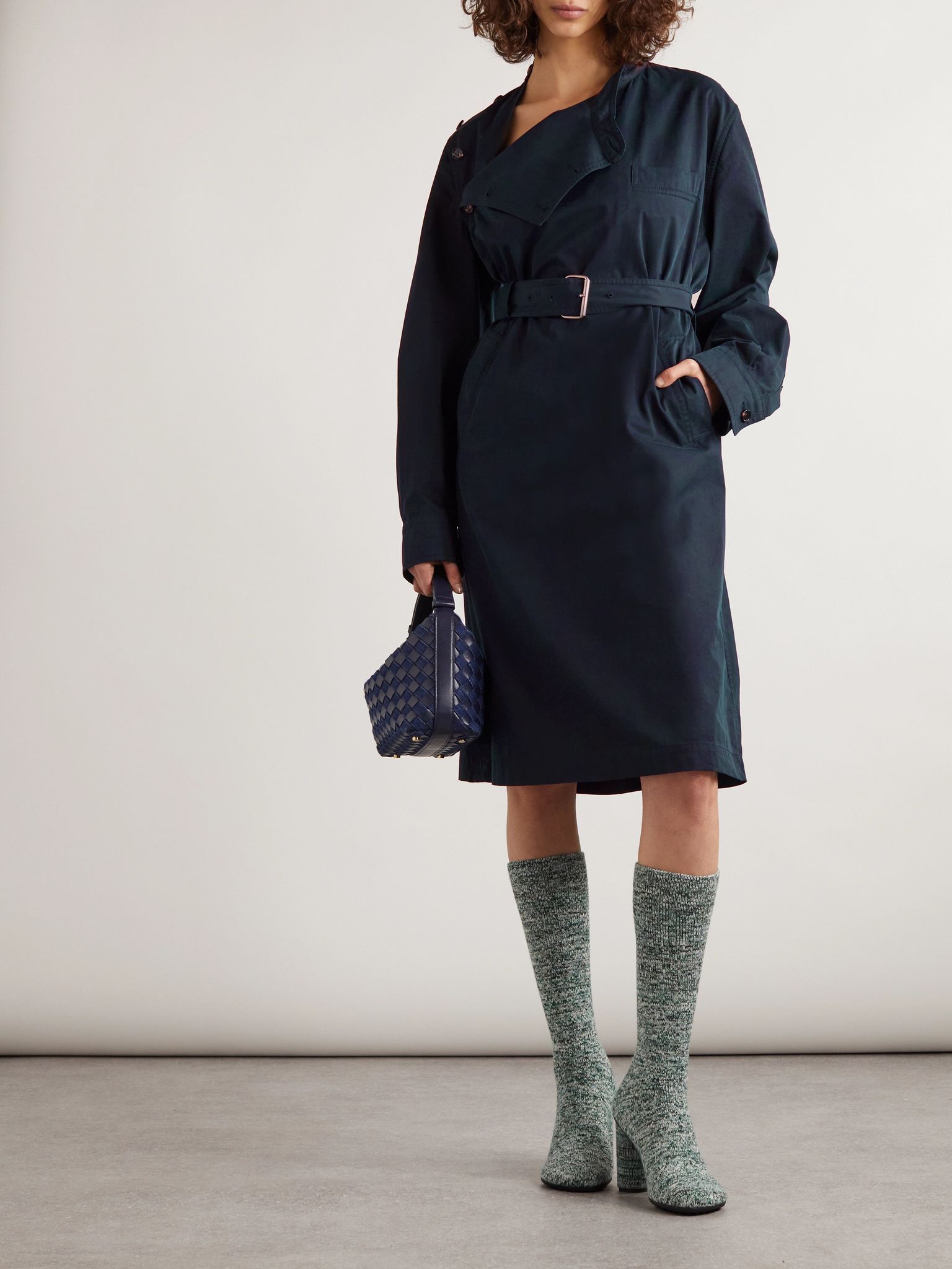 Belted cotton-twill midi dress Midnight blue - 2