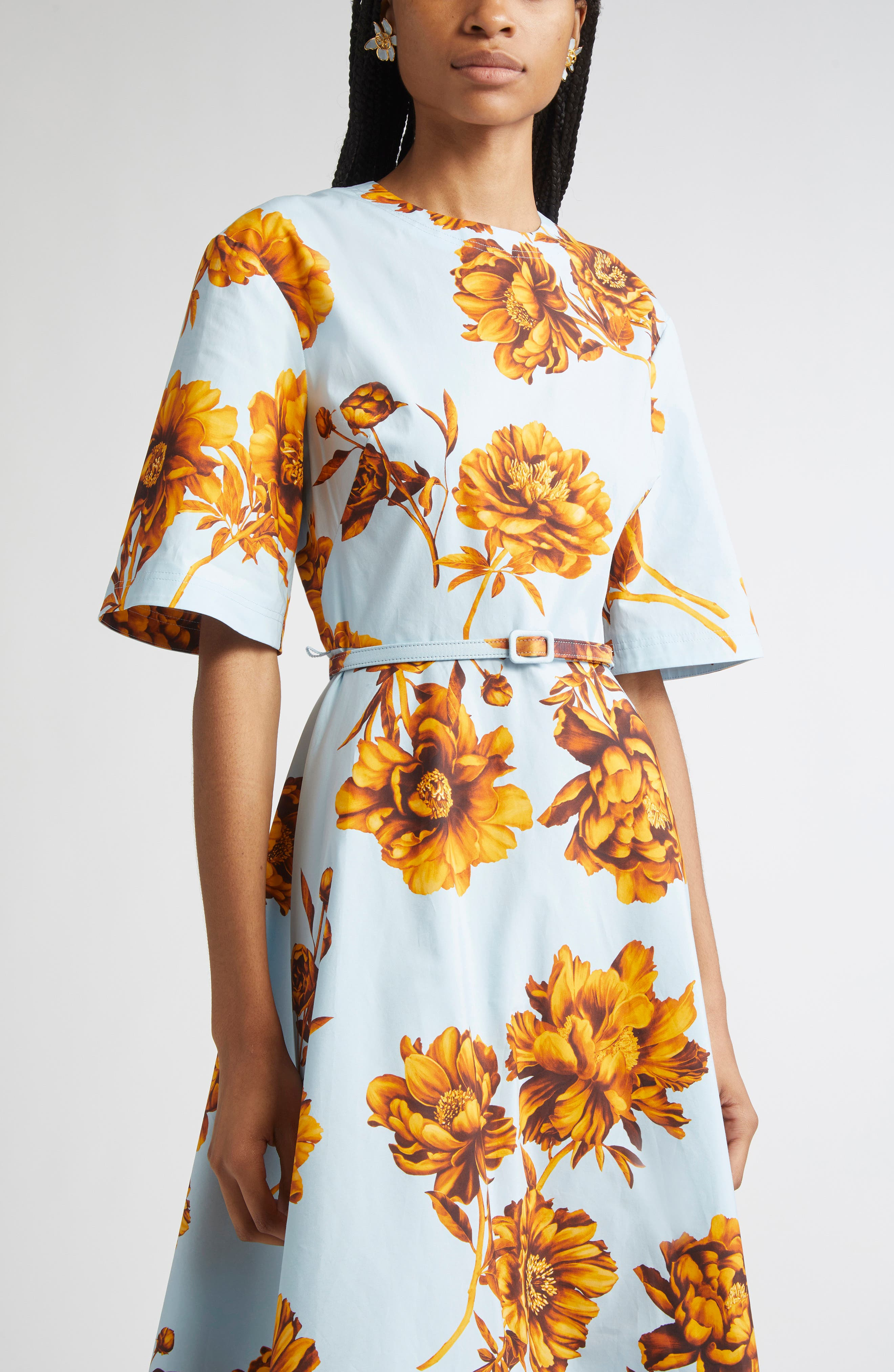 Oscar de la Renta Tonal Peony Print Stretch Poplin Belted Dress in Brown/Ice Blue at Nordstrom - 4