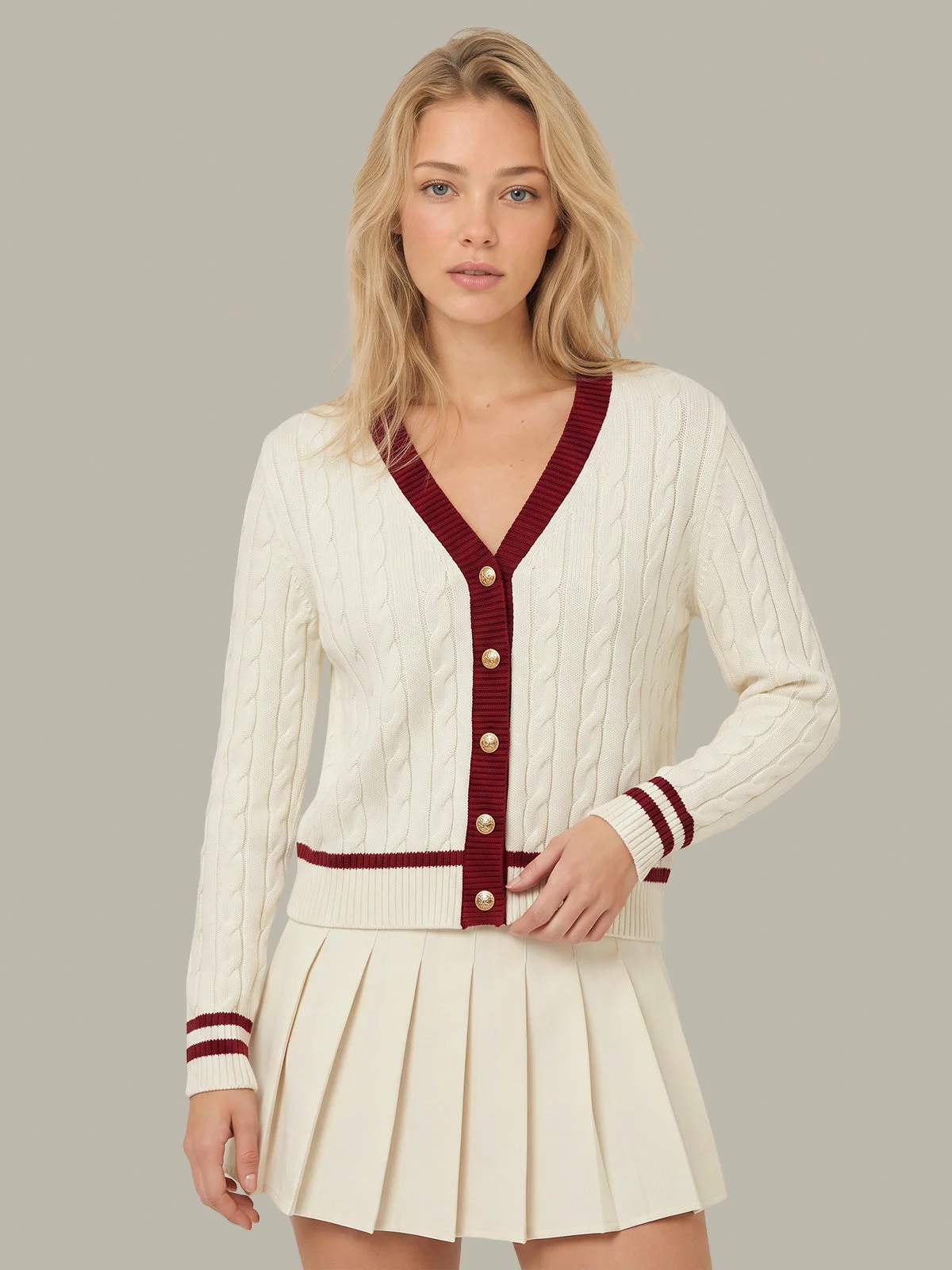 Harvard: Tipped Cotton Cable Knit Cardigan - 1