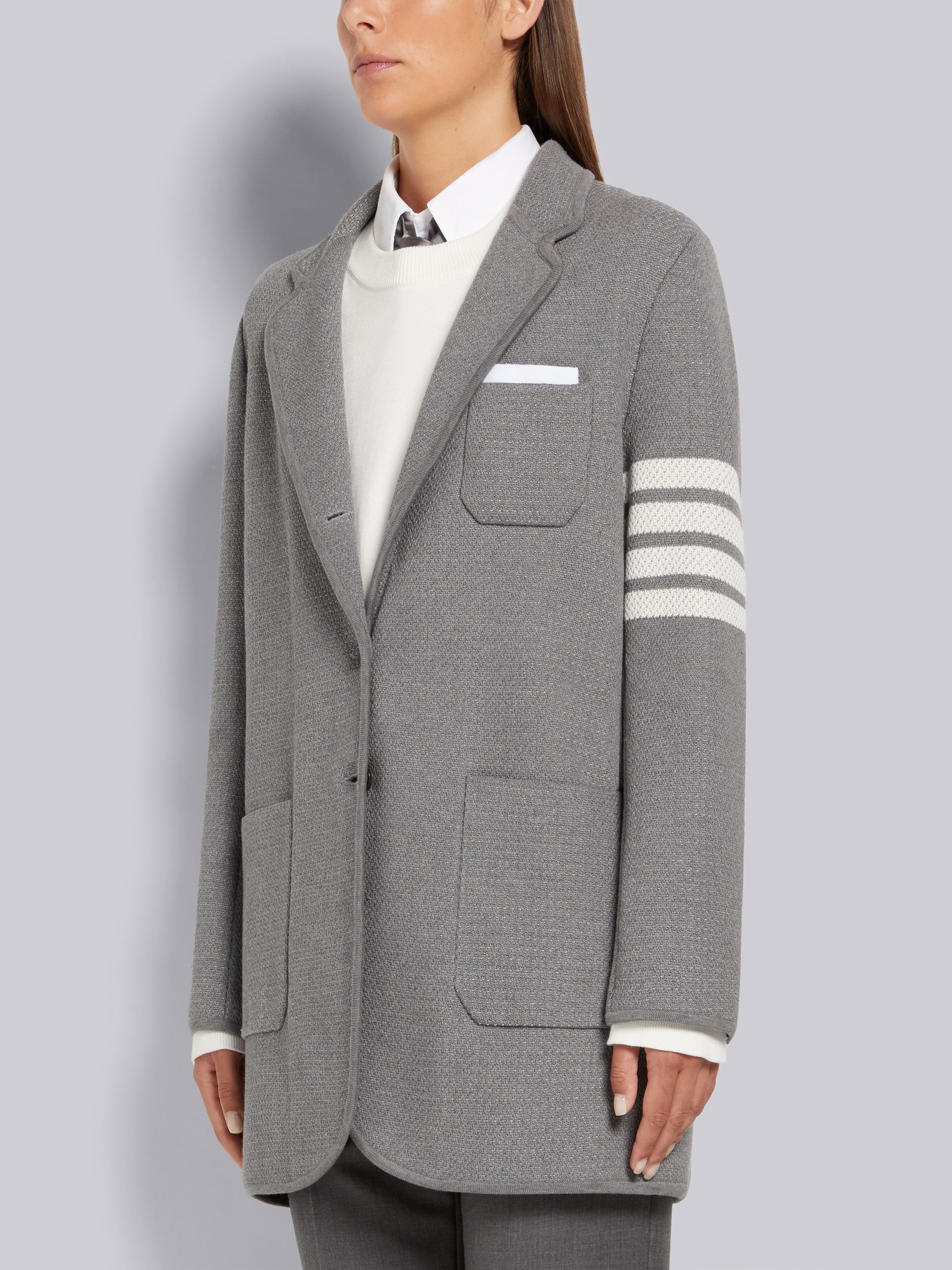 Light Grey Textured Jacquard 4-Bar Narrow Shoulder Sack Jacket - 2