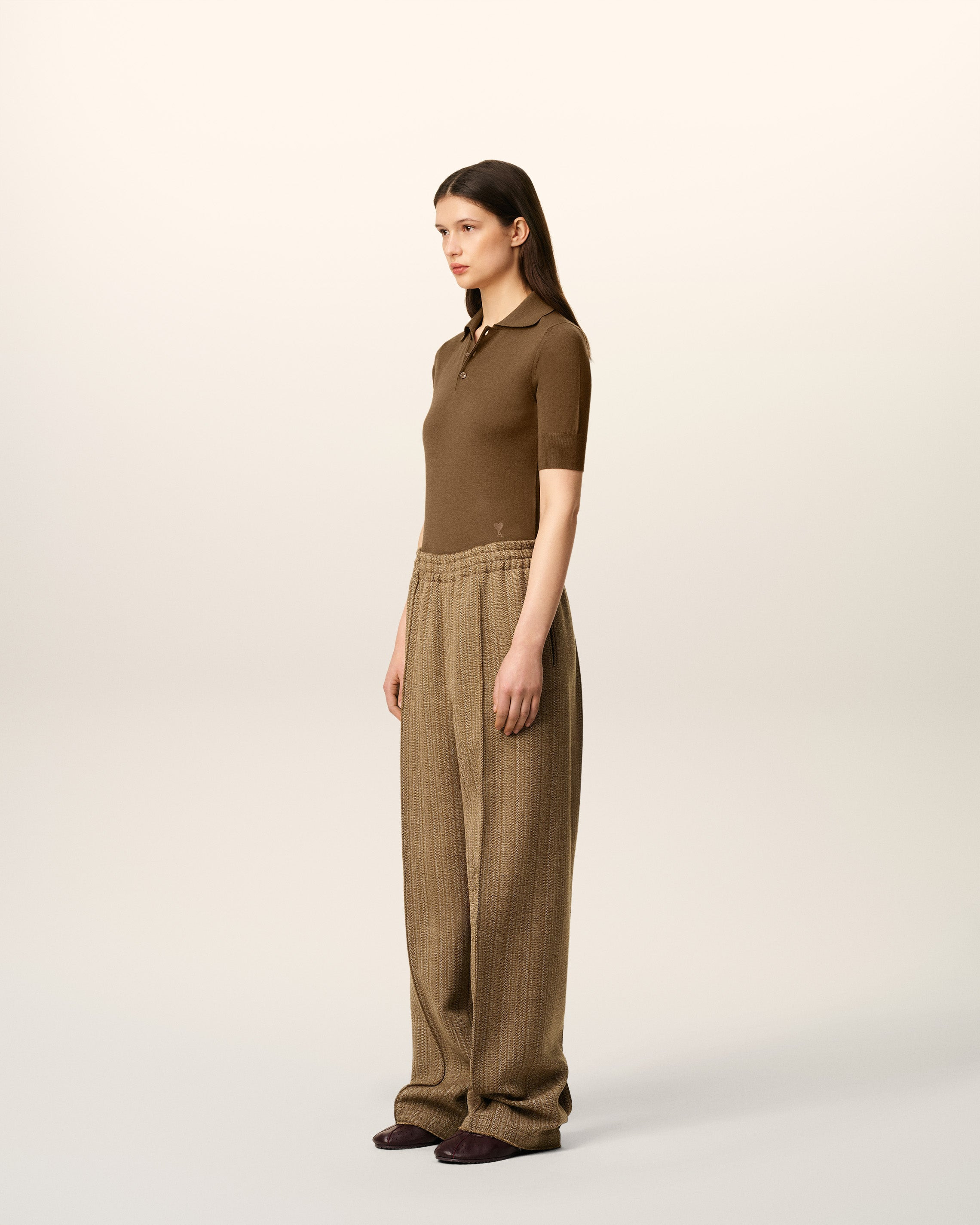 BROWN WOOL HERRINGBONE ELASTICATED TROUSERS - 6