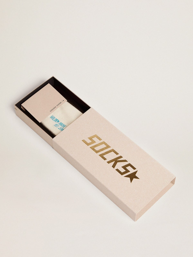 Golden Goose Distressed-finish white socks with turquoise logo and stripes outlook
