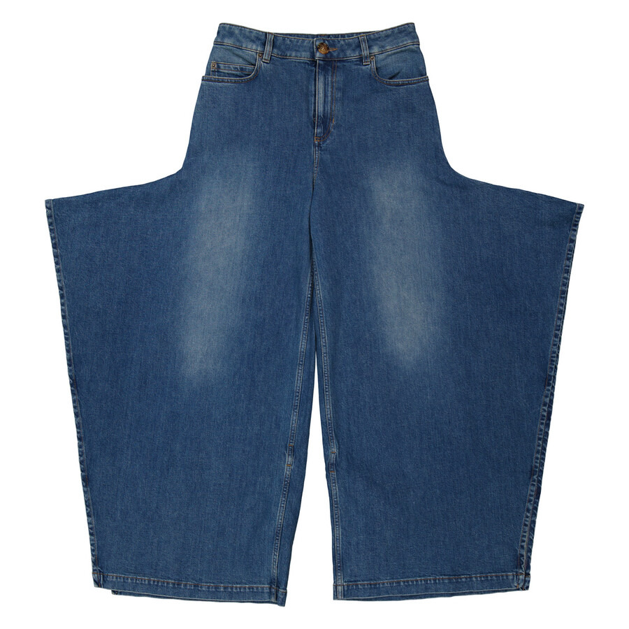 Burberry Ladies Deep Slate Blue Wide-Leg Draped Denim Jeans - 1