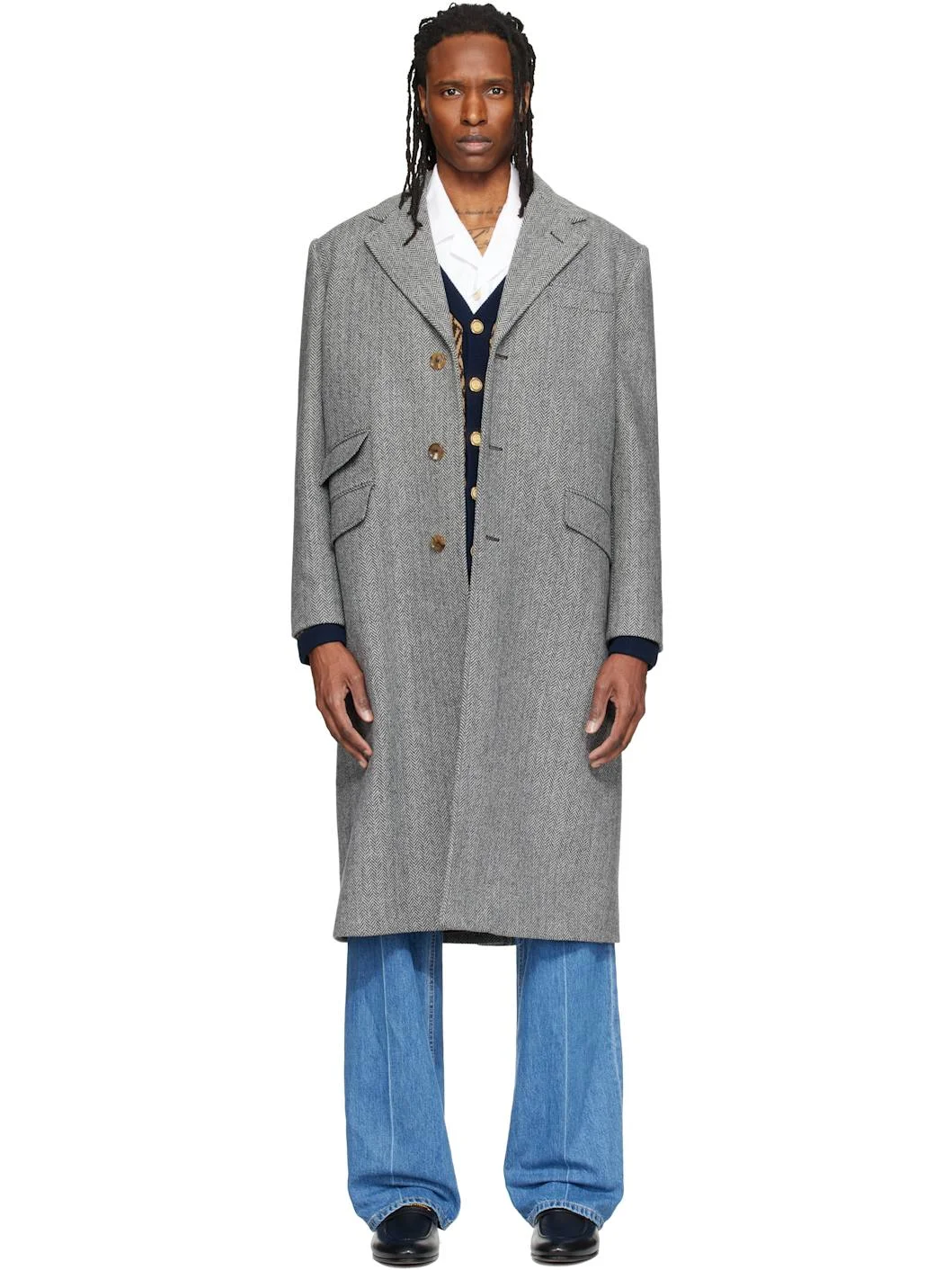 Gray Wool Herringbone Coat - 1
