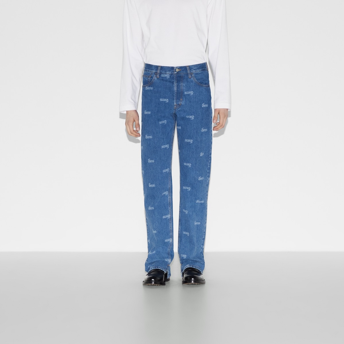 Denim pant with lasered Gucci detail - 3