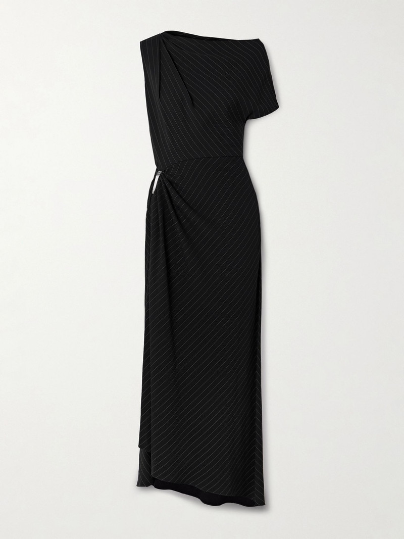 The Lowery one-sleeve asymmetric embellished pinstriped twill dress Black - 1