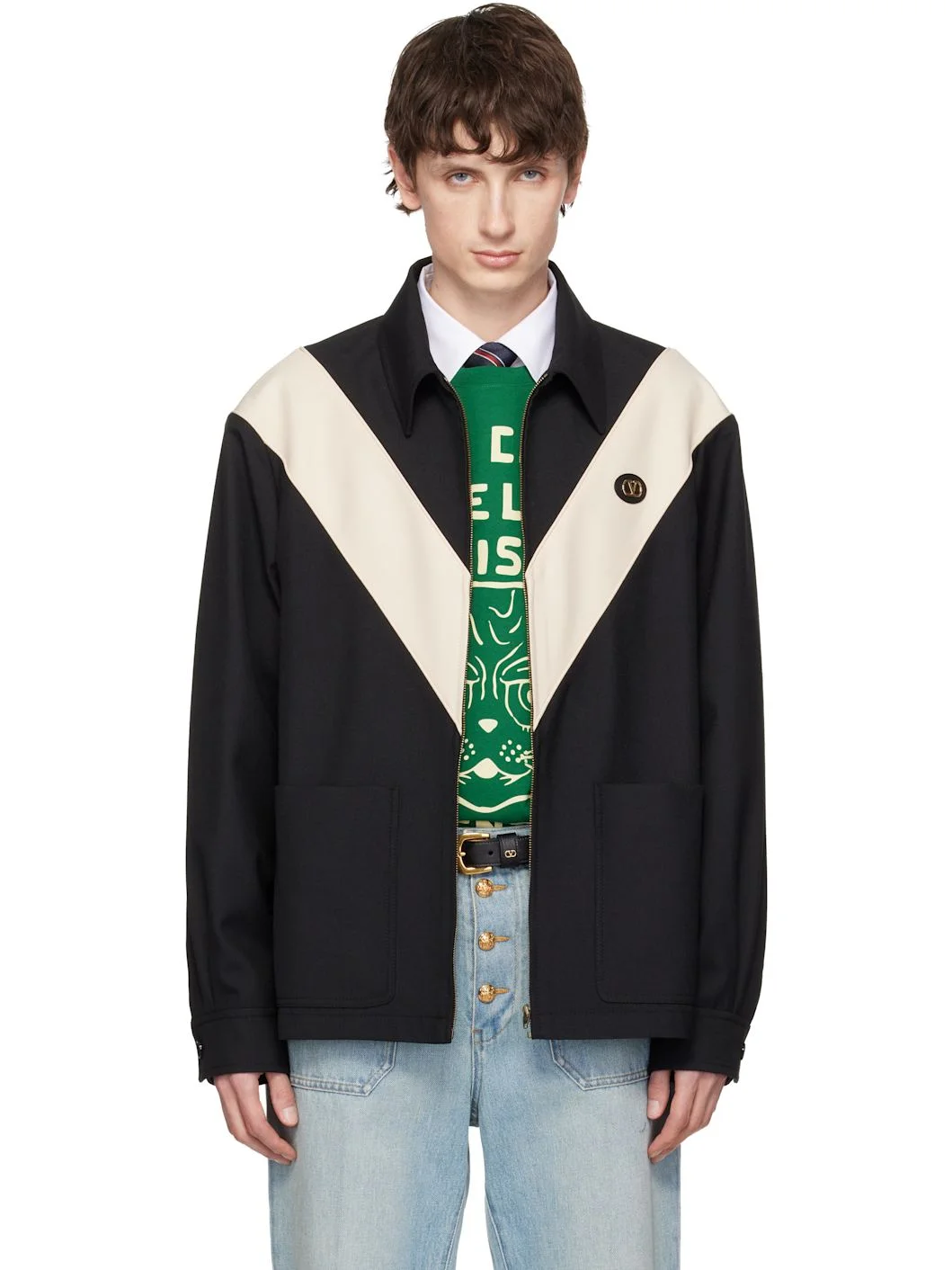 Black VLogo Signature Diagonal Wool Jacket - 1