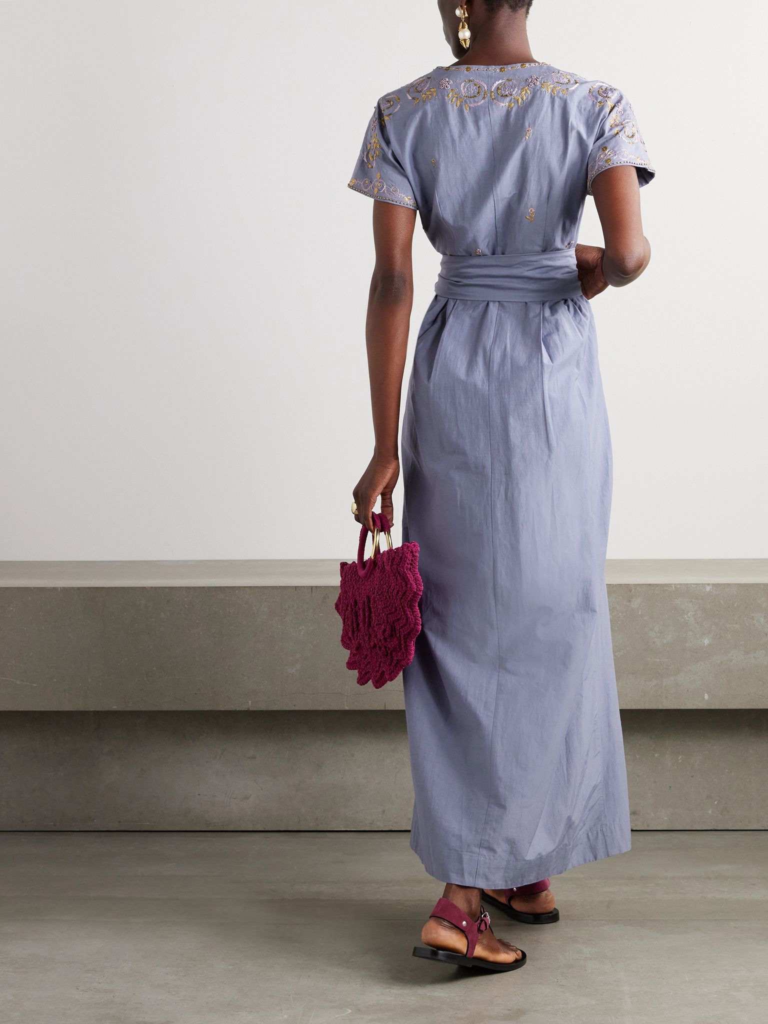 Embellished embroidered cotton and silk-blend maxi wrap dress Blue - 4