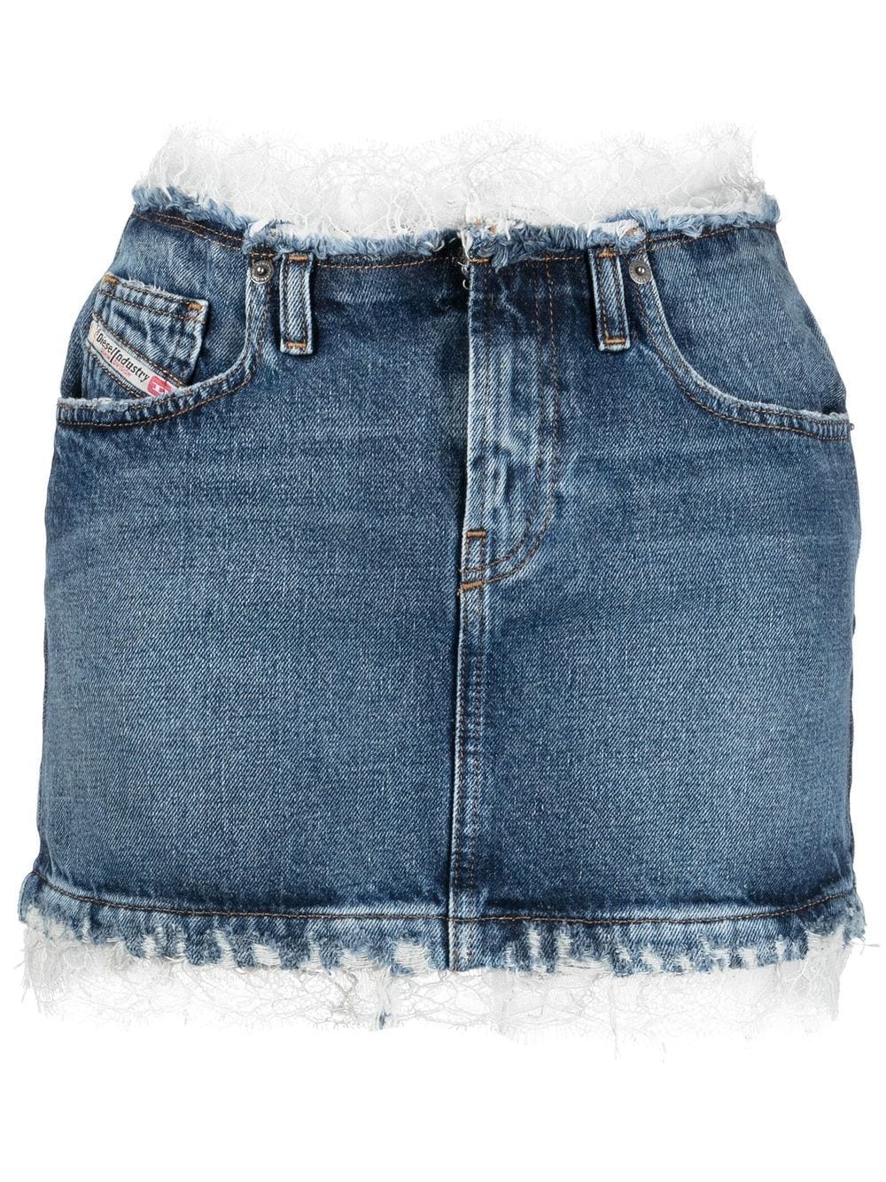 lace-trim distressed denim mini skirt - 1