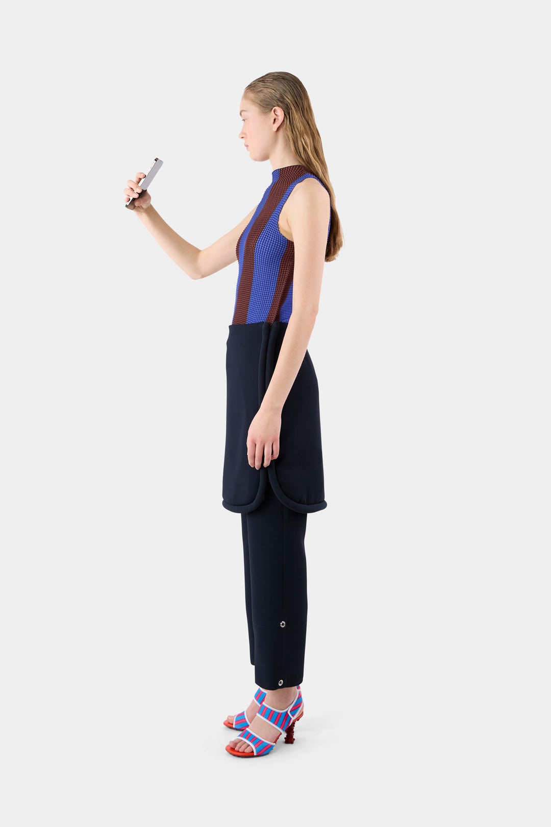 PLEATED TANK TOP / blue & brown stripes - 2