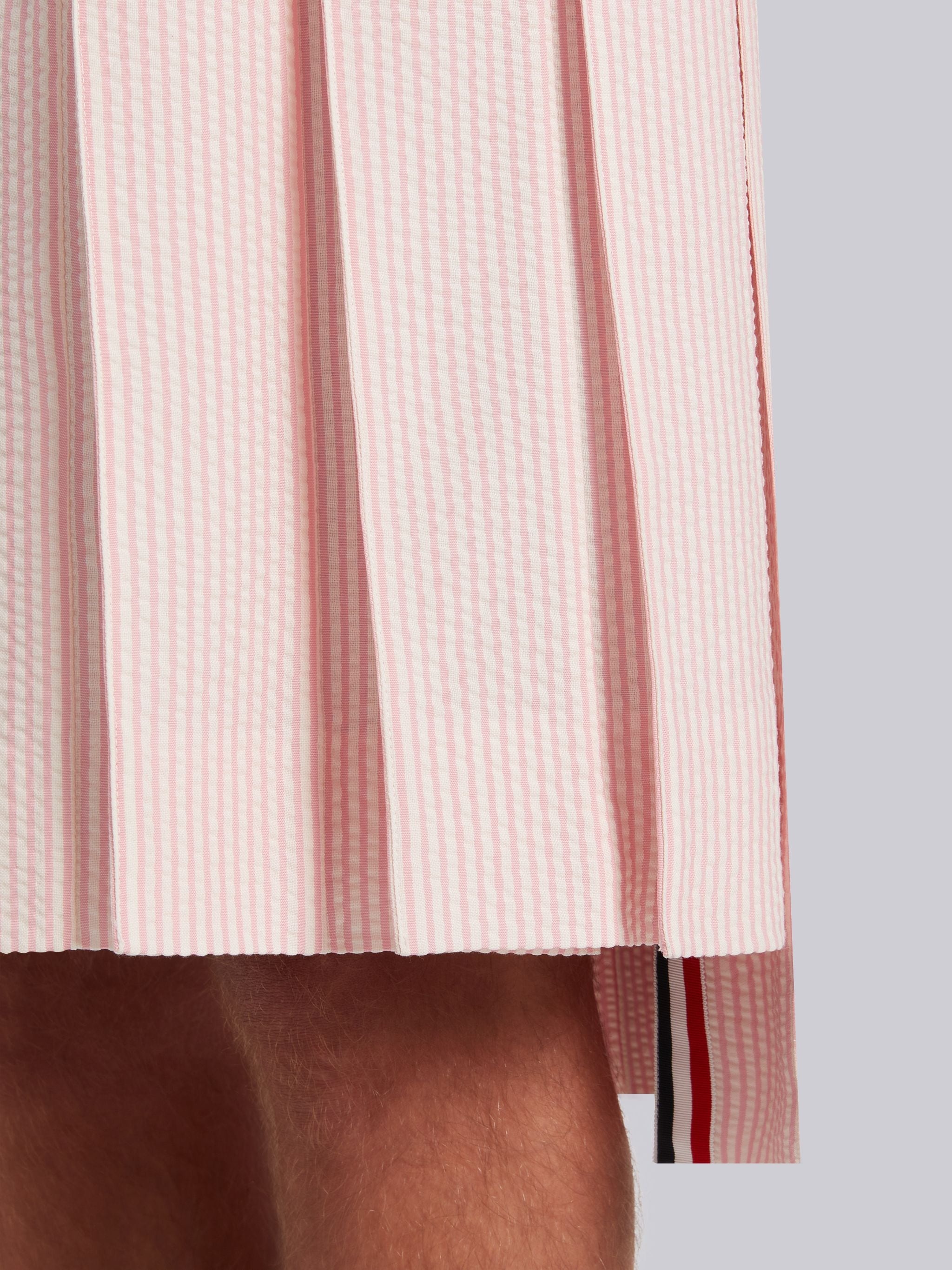 Light Pink Wool Seersucker Knee Length Backstrap Pleated Skirt - 5