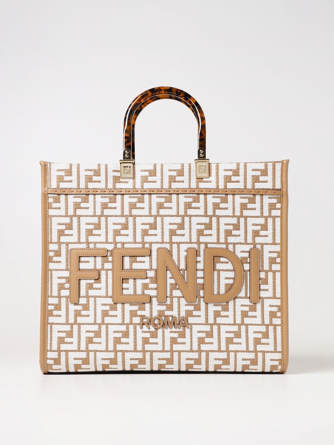 FENDI: Sunshine bag in raffia with FF monogram embroidered in