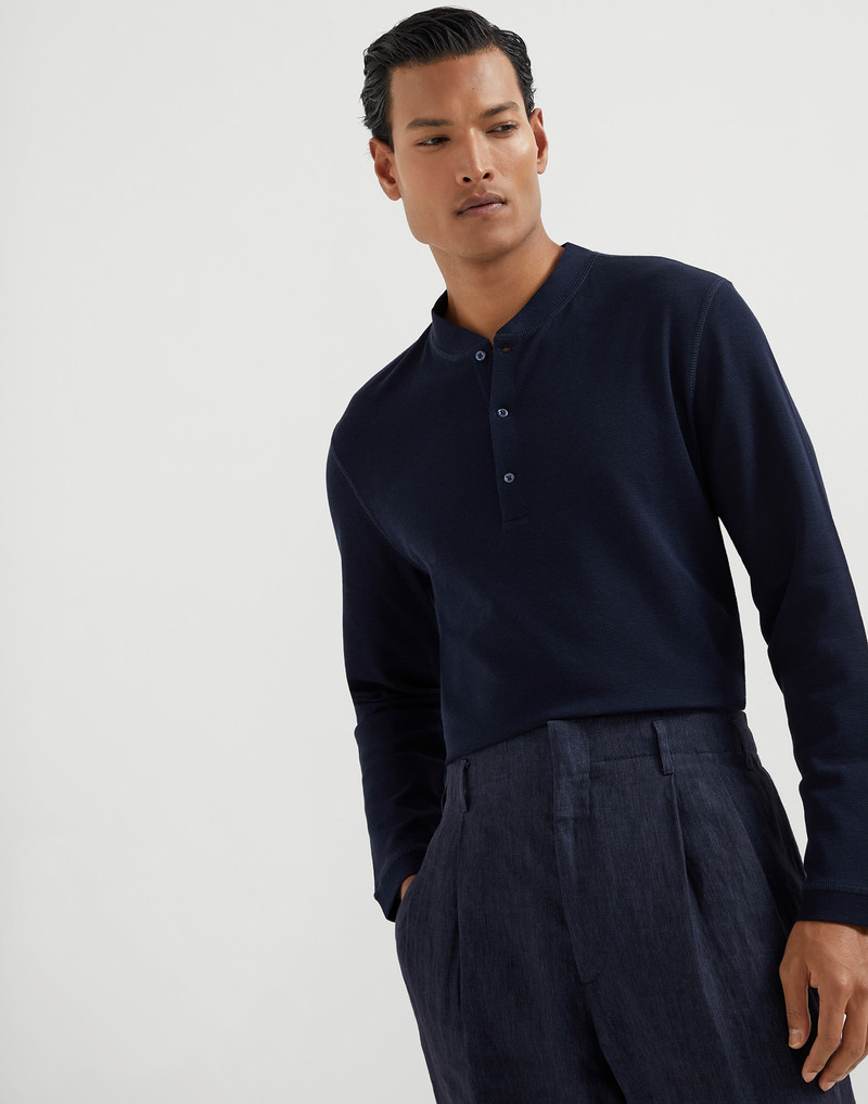 Cotton waffle jersey long sleeve T-shirt with Henley collar 1