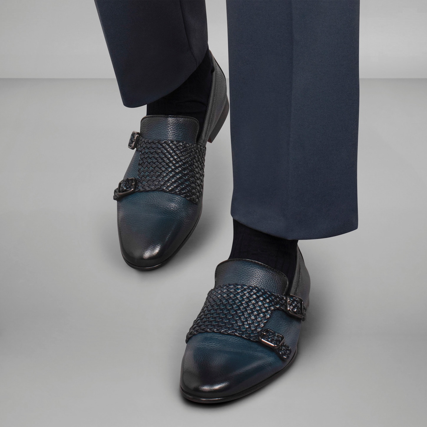 Men's blue tumbled leather double-buckle loafer - 2