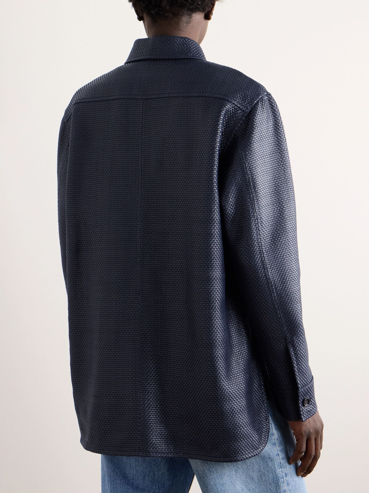 Intrecciato Leather Shirt Blue - 3