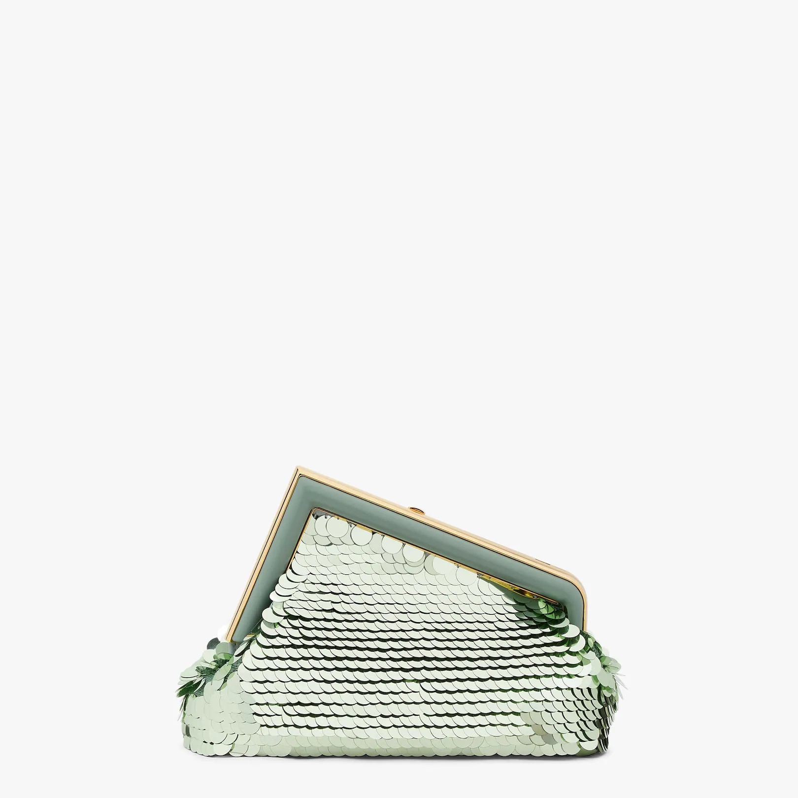 Small Fendi First bag completely embroidered with green metallic sequins, with an oversized F metal  - 3