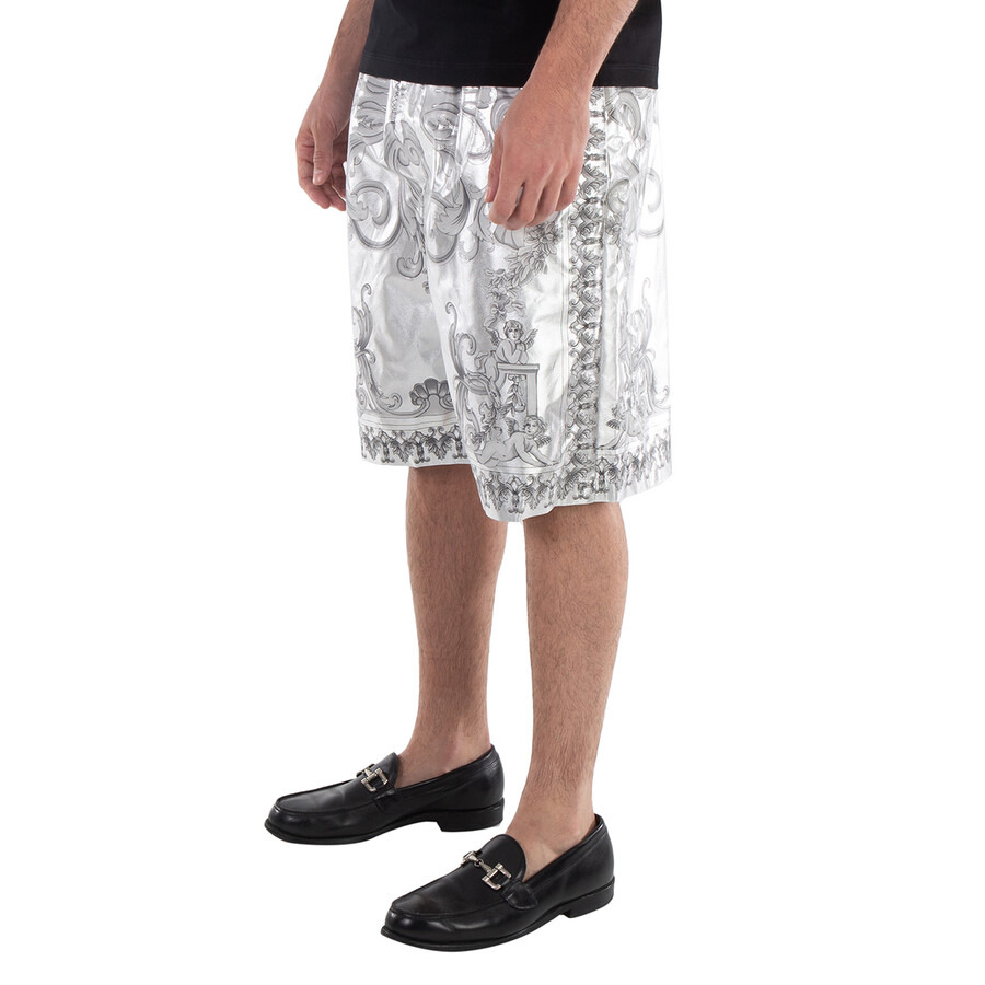 Versace Men's Silver Baroque Print Silk Twill Shorts - 4