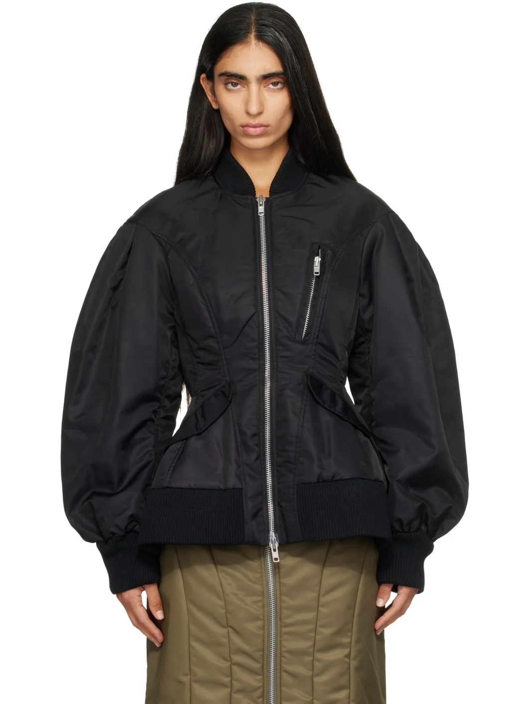 Black Padded Sculpted Bomber Jacket - 1