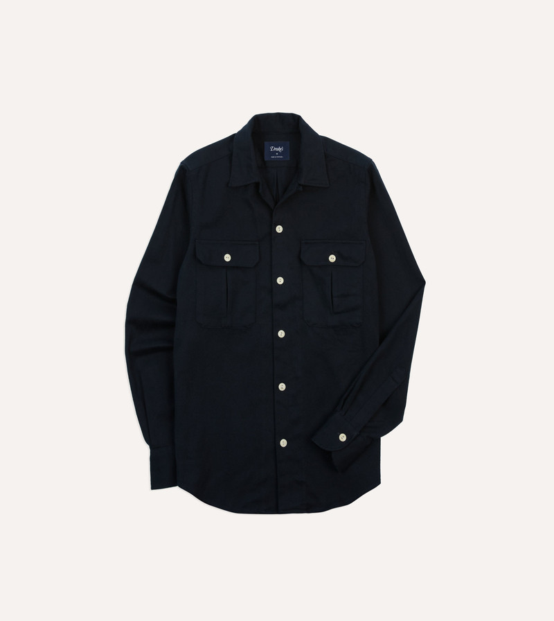 Navy Brushed Cotton Twill Two-Pocket Camp Collar Work Shirt 1