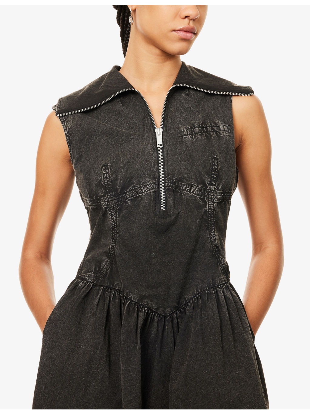 Zip-Up Sleeveless Cotton Midi Dress - 5