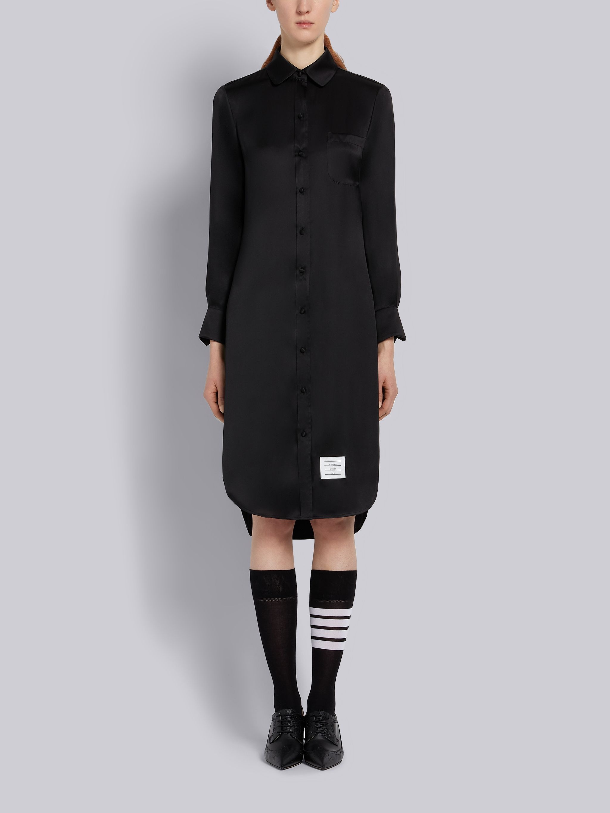 Black Double Face Satin Silk Round Collar Classic Long Sleeve Shirtdress - 1