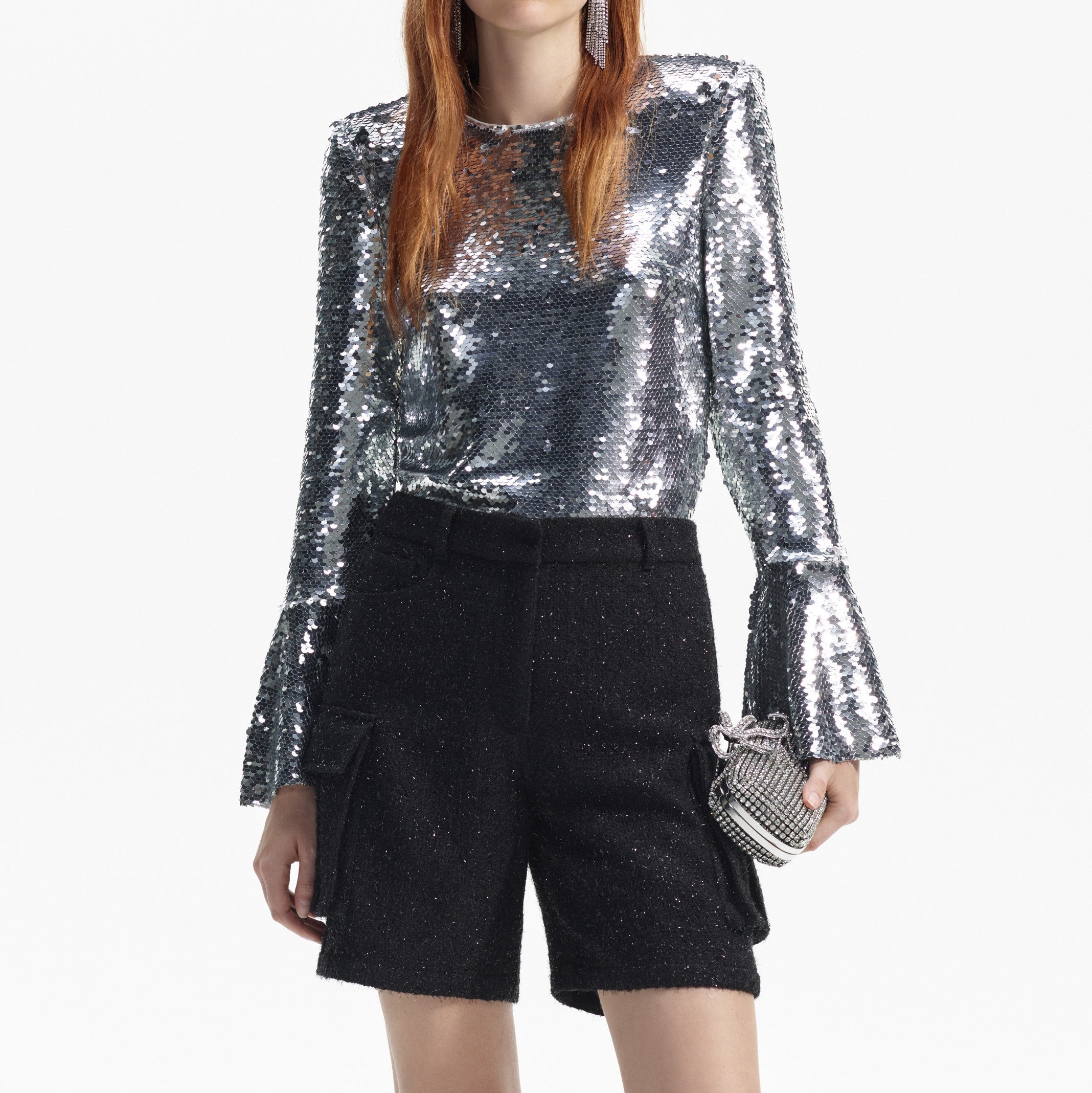 Silver Sequin Flared Sleeve Top - 4