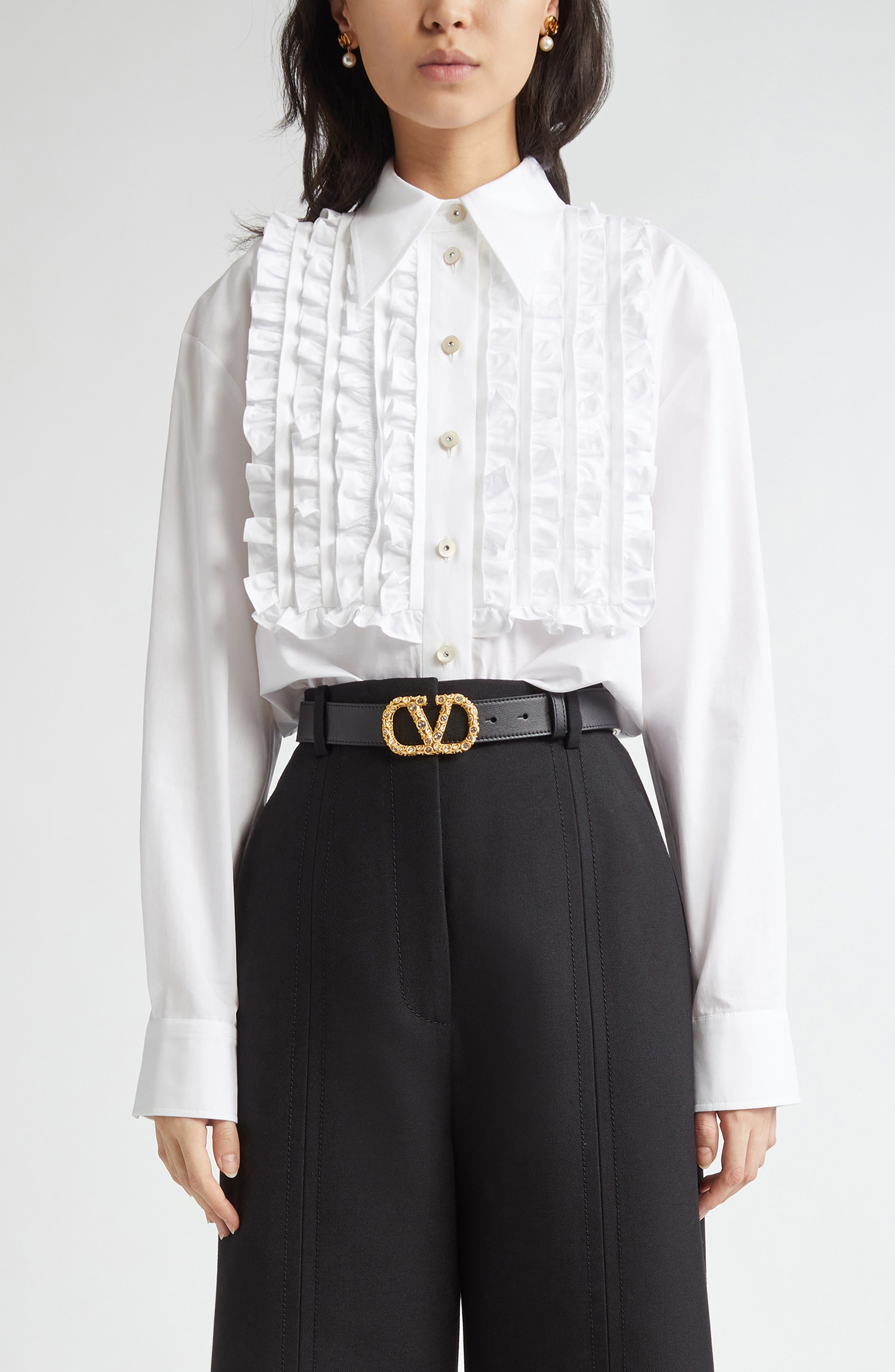 Valentino Garavani Ruffle Bib Cotton Poplin Button-Up Shirt in White at Nordstrom - 1