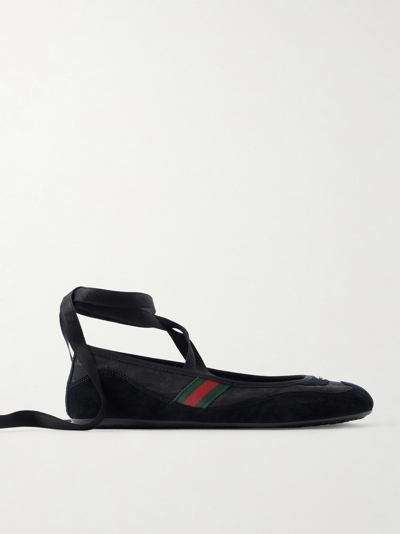 Embellished Webbing-trimmed Canvas And Suede Ballet Flats 1