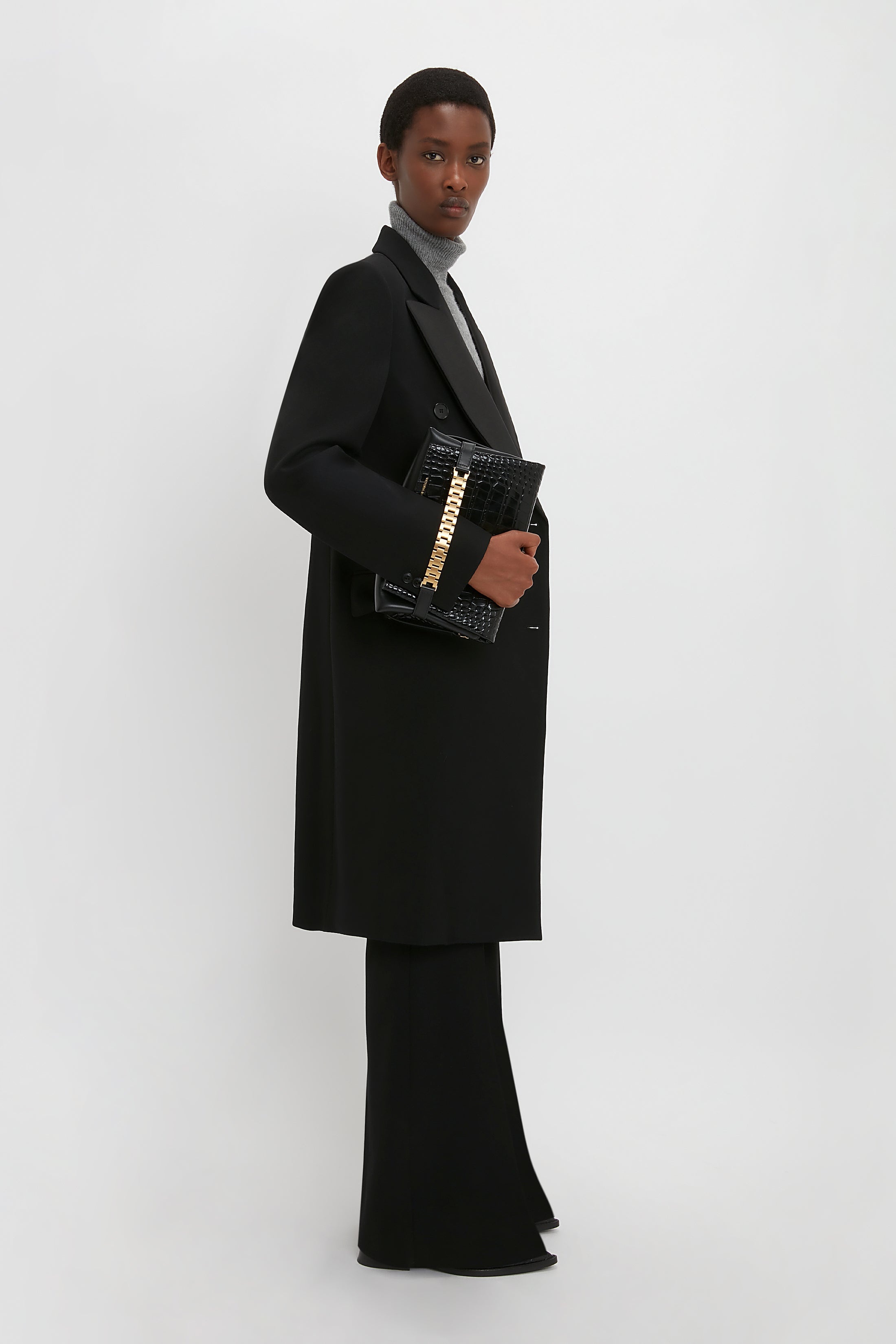 Double Breasted Tuxedo Coat in Black - 7