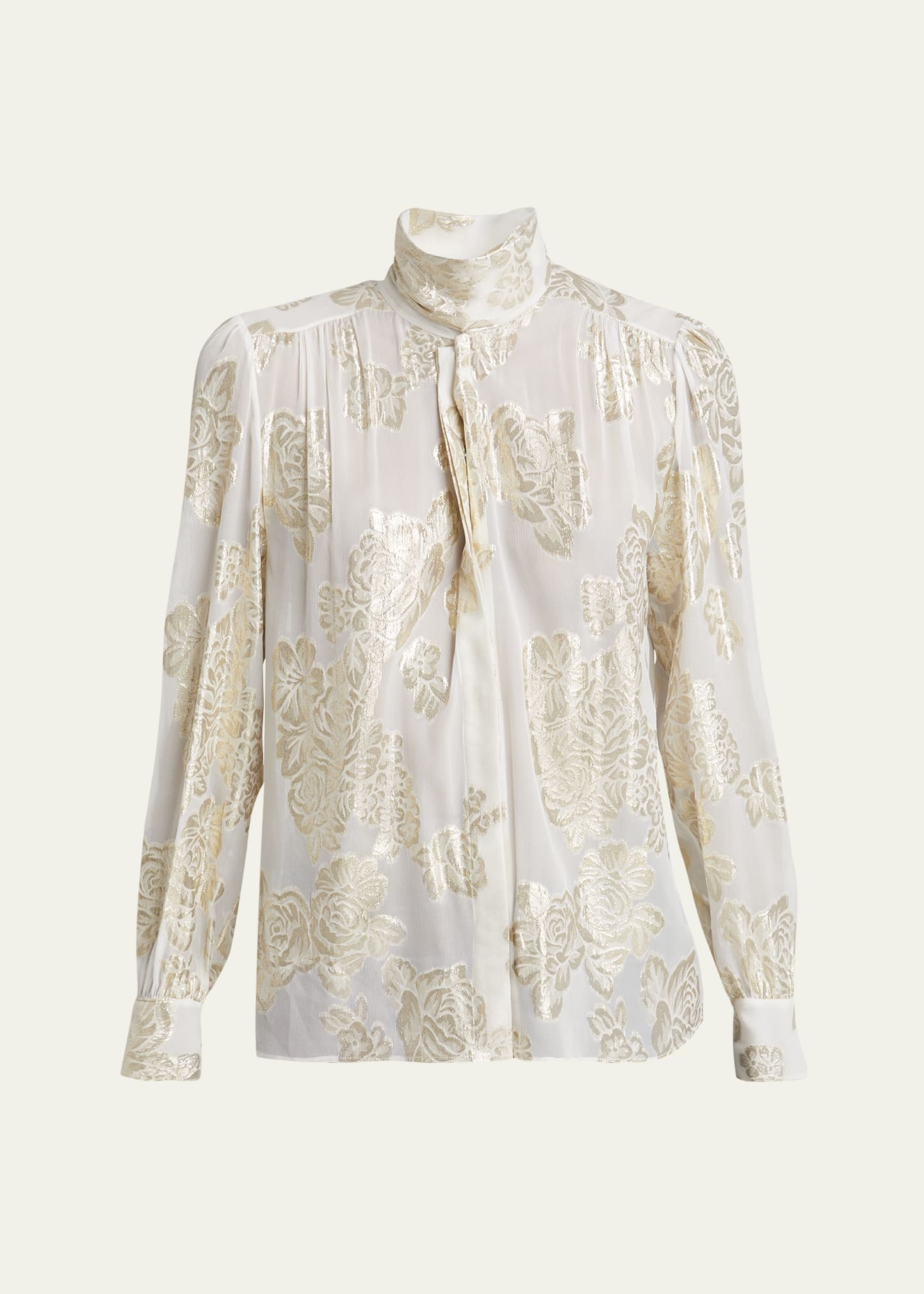 Metallic Floral Silk Scarf-Neck Top - 1