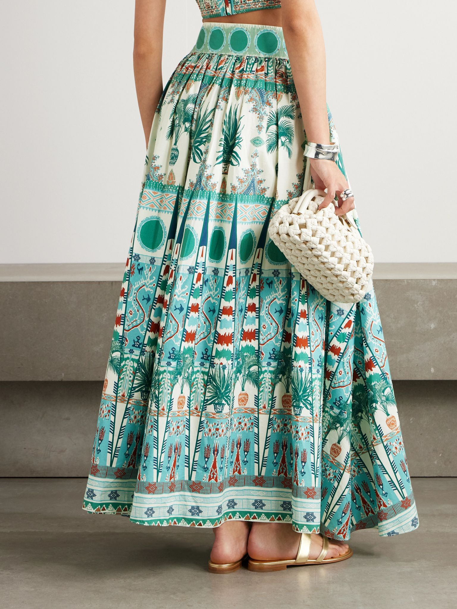 Ombretta gathered printed cotton-poplin maxi skirt Green - 3
