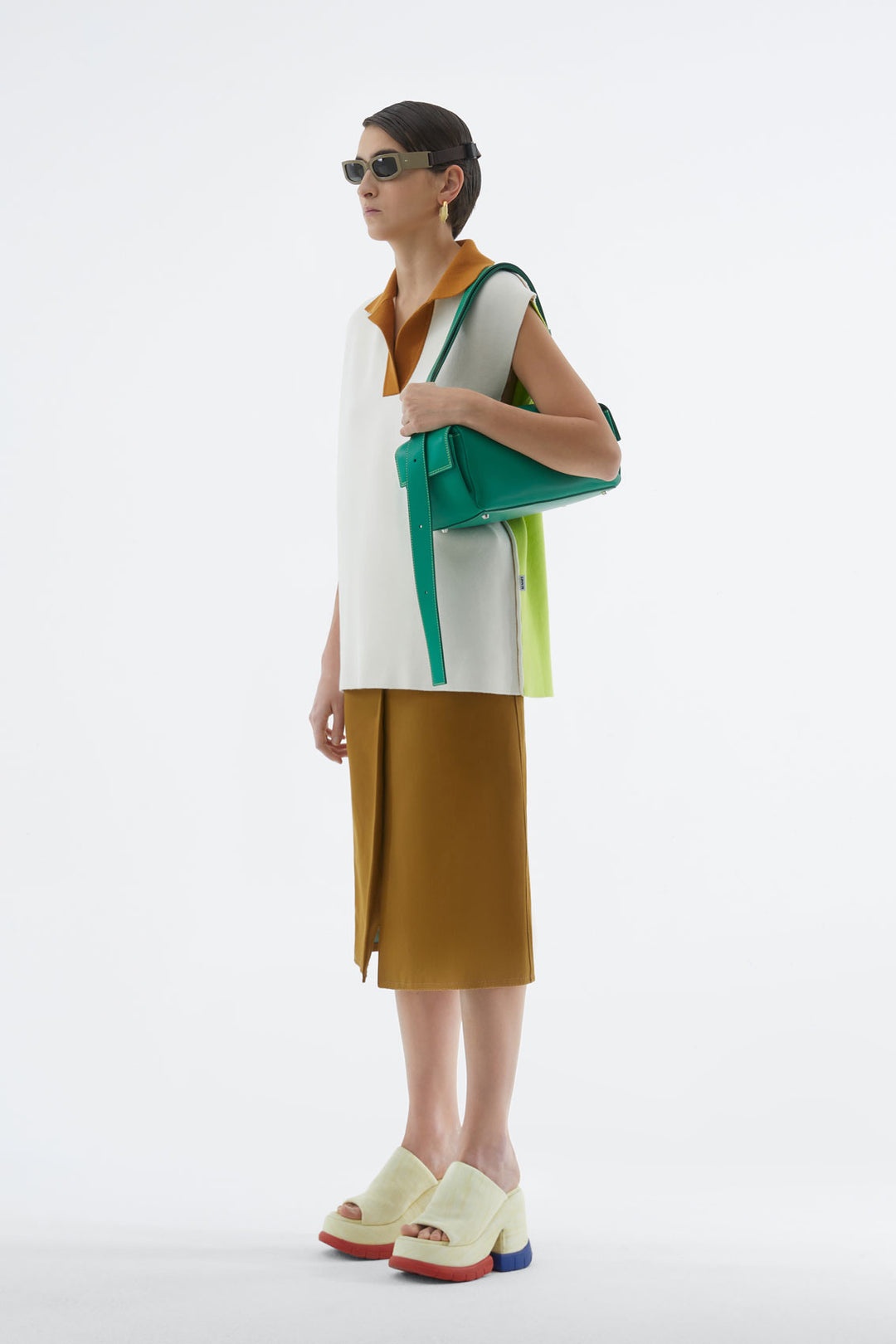 ACID GREEN & CREAM KNIT SLEEVELESS POLO - 1