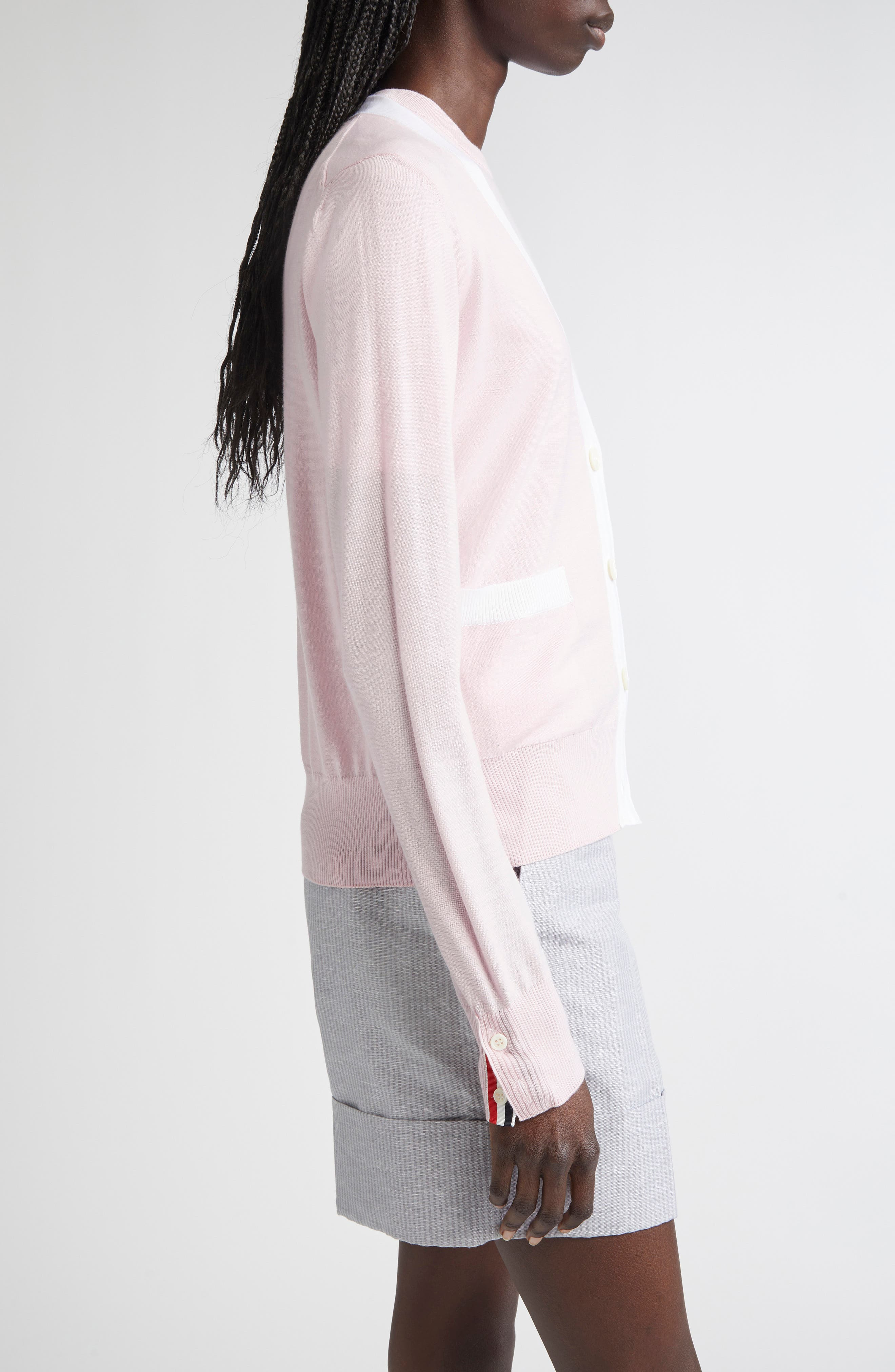 Thom Browne 4-Bar Relaxed Fit V-Neck Virgin Wool Cardigan in Light Pink at Nordstrom - 4