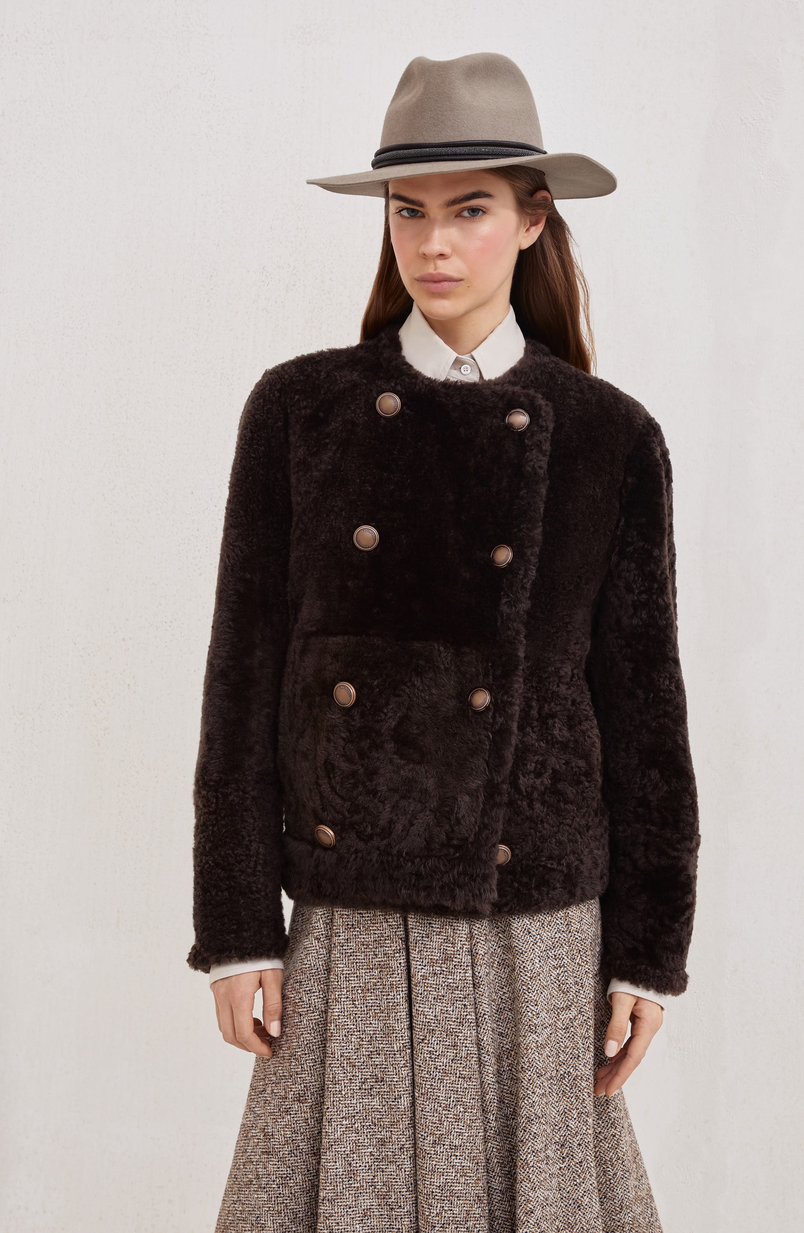 Brunello Cucinelli Fuzzy shearling cropped pea coat in Rust Brown at Nordstrom - 2