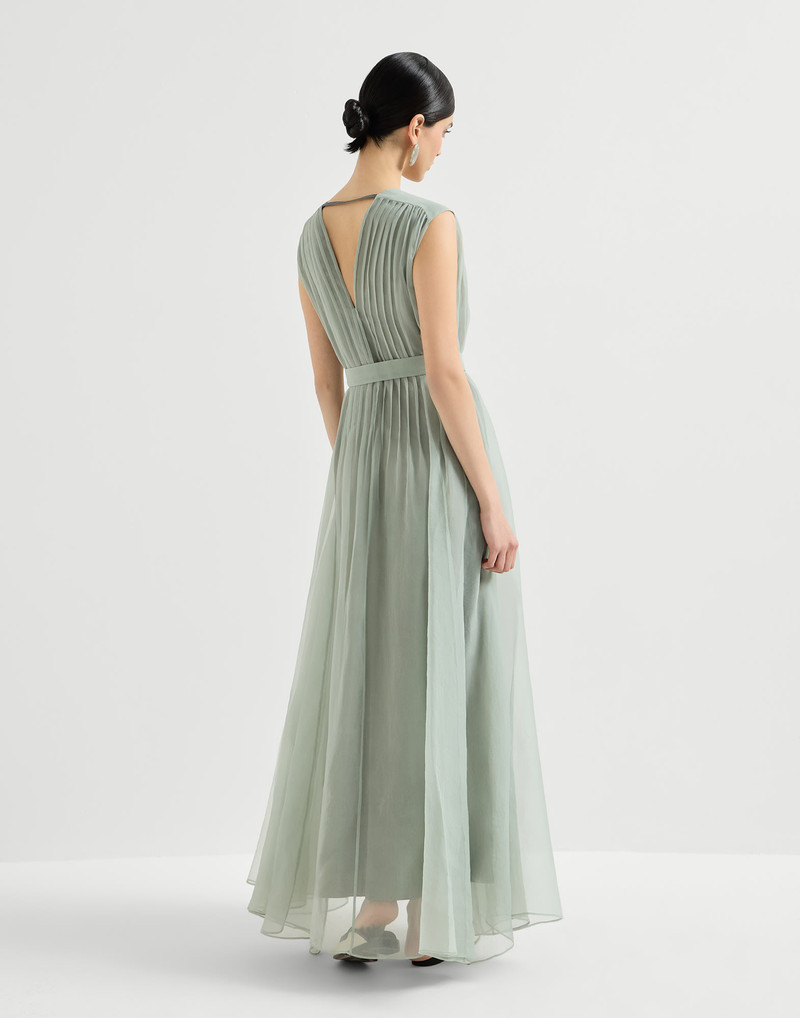 Crispy silk belted dress with pleated detail and precious strap 3