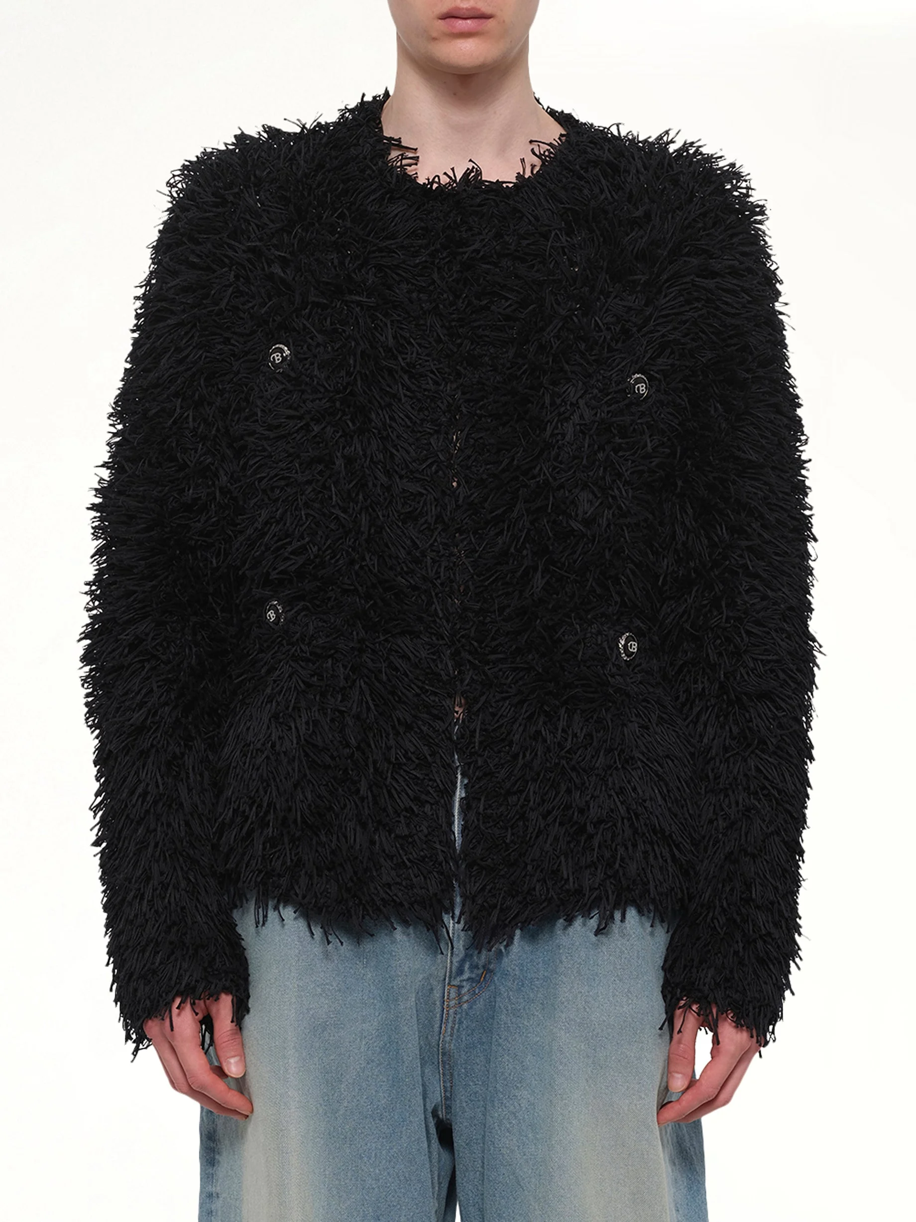 Straw Tweed Knit Cardigan in Black - 1