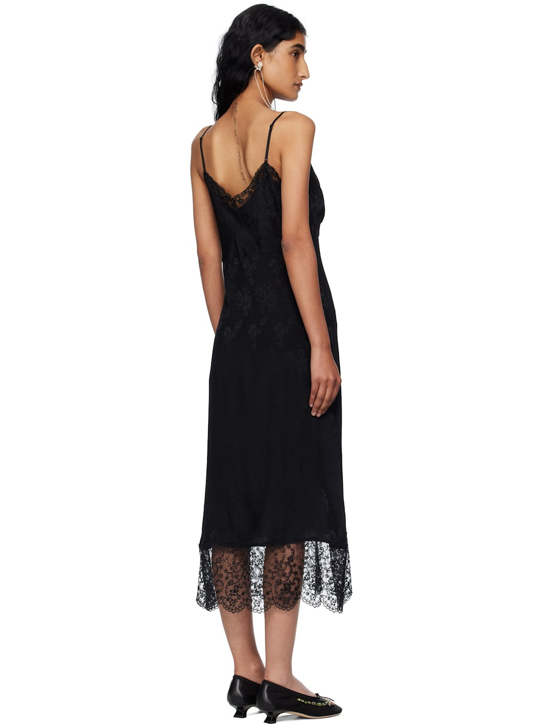Black Deep Lace Trim Slip Midi Dress - 3