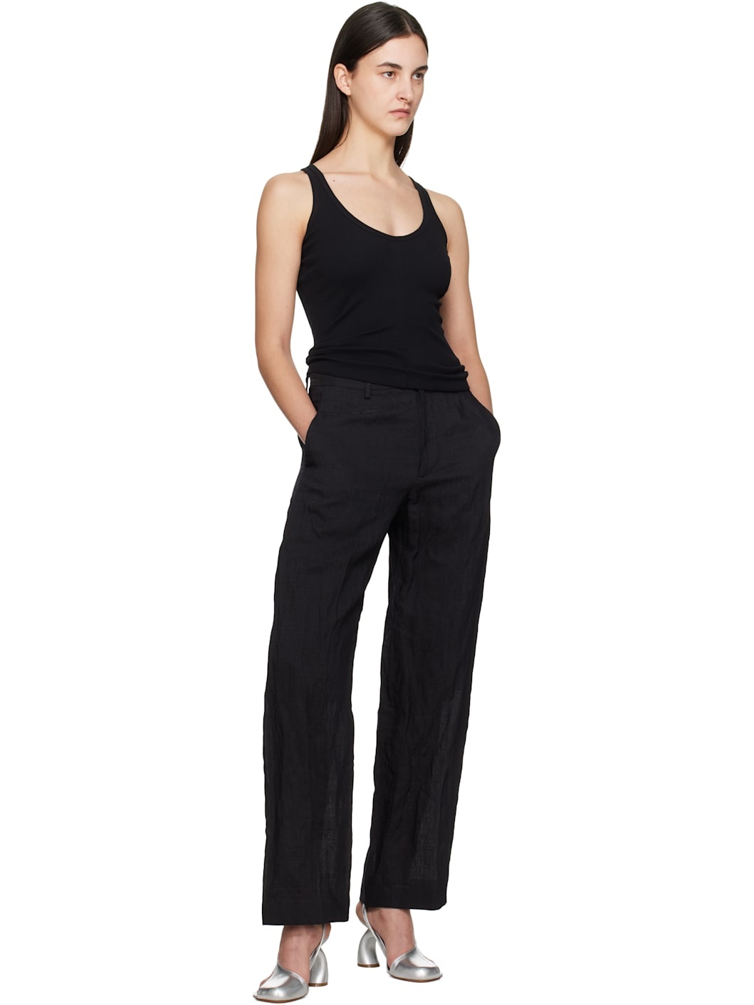Black Cotton Ribbed Tank Top - 5