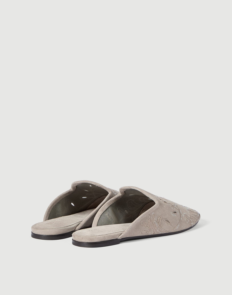 Suede mules with dazzling broderie anglaise 3