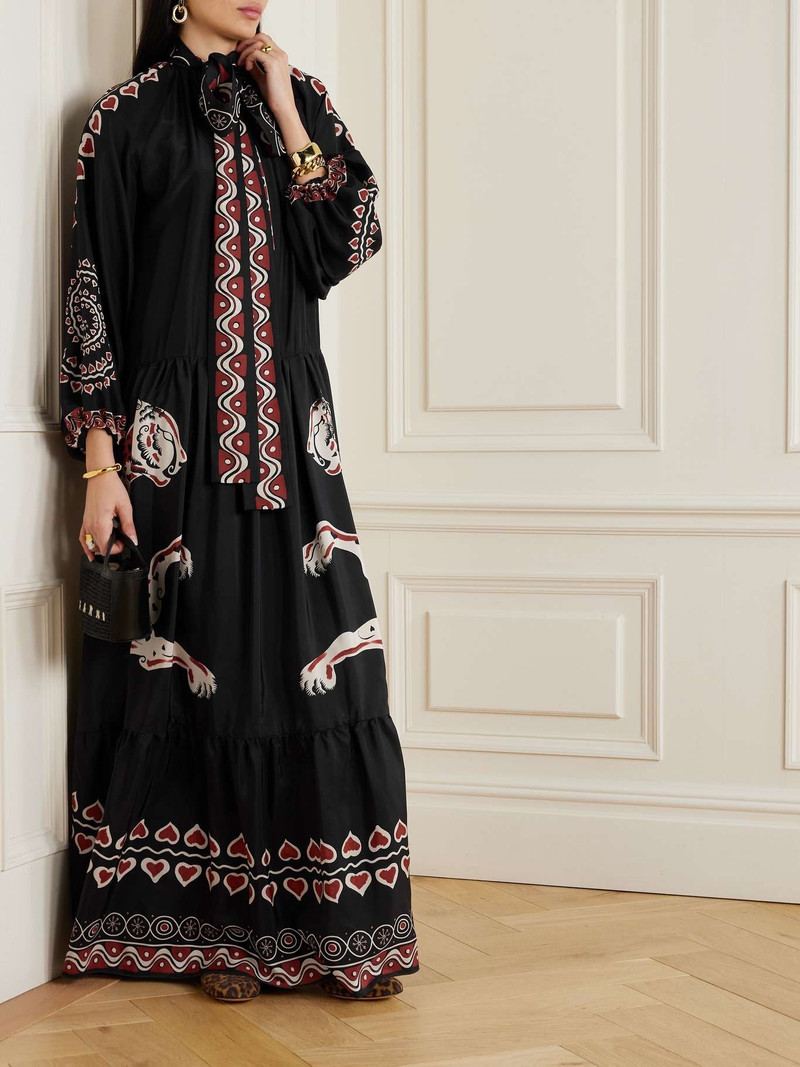 La DoubleJ Athena pussy-bow tiered printed silk maxi dress outlook